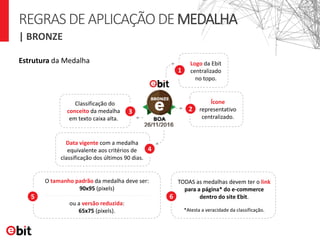 | BRONZE
Estrutura da Medalha Logo da Ebit
centralizado
no topo.
Ícone
representativo
centralizado.
Classificação do
conceito da medalha
em texto caixa alta.
Data vigente com a medalha
equivalente aos critérios de
classificação dos últimos 90 dias.
TODAS as medalhas devem ter o link
para a página* do e-commerce
dentro do site Ebit.
O tamanho padrão da medalha deve ser:
90x95 (pixels)
ou a versão reduzida:
65x75 (pixels).
2
1
3
4
5
*Atesta a veracidade da classificação.
6
REGRASDEAPLICAÇÃODEMEDALHA
 