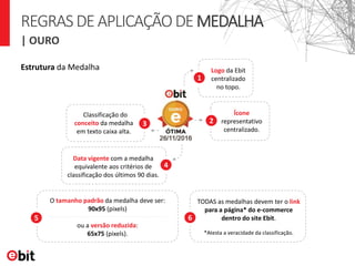 | OURO
Estrutura da Medalha Logo da Ebit
centralizado
no topo.
Ícone
representativo
centralizado.
Classificação do
conceito da medalha
em texto caixa alta.
Data vigente com a medalha
equivalente aos critérios de
classificação dos últimos 90 dias.
TODAS as medalhas devem ter o link
para a página* do e-commerce
dentro do site Ebit.
O tamanho padrão da medalha deve ser:
90x95 (pixels)
ou a versão reduzida:
65x75 (pixels).
2
1
3
4
5
*Atesta a veracidade da classificação.
6
REGRASDEAPLICAÇÃODEMEDALHA
 