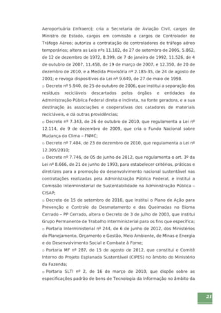 21 
Aeroportuária (Infraero); cria a Secretaria de Aviação Civil, cargos de 
Ministro de Estado, cargos em comissão e cargos de Controlador de 
Tráfego Aéreo; autoriza a contratação de controladores de tráfego aéreo 
temporários; altera as Leis nºs 11.182, de 27 de setembro de 2005, 5.862, 
de 12 de dezembro de 1972, 8.399, de 7 de janeiro de 1992, 11.526, de 4 
de outubro de 2007, 11.458, de 19 de março de 2007, e 12.350, de 20 de 
dezembro de 2010, e a Medida Provisória nº 2.185-35, de 24 de agosto de 
2001; e revoga dispositivos da Lei nº 9.649, de 27 de maio de 1998. 
o Decreto nº 5.940, de 25 de outubro de 2006, que institui a separação dos 
resíduos recicláveis descartados pelos órgãos e entidades da 
Administração Pública Federal direta e indireta, na fonte geradora, e a sua 
destinação às associações e cooperativas dos catadores de materiais 
recicláveis, e dá outras providências; 
o Decreto nº 7.343, de 26 de outubro de 2010, que regulamenta a Lei nº 
12.114, de 9 de dezembro de 2009, que cria o Fundo Nacional sobre 
Mudança do Clima – FNMC; 
o Decreto nº 7.404, de 23 de dezembro de 2010, que regulamenta a Lei nº 
12.305/2010; 
o Decreto nº 7.746, de 05 de junho de 2012, que regulamenta o art. 3º da 
Lei nº 8.666, de 21 de junho de 1993, para estabelecer critérios, práticas e 
diretrizes para a promoção do desenvolvimento nacional sustentável nas 
contratações realizadas pela Administração Pública Federal, e institui a 
Comissão Interministerial de Sustentabilidade na Administração Pública – 
CISAP; 
o Decreto de 15 de setembro de 2010, que Institui o Plano de Ação para 
Prevenção e Controle do Desmatamento e das Queimadas no Bioma 
Cerrado – PP Cerrado, altera o Decreto de 3 de julho de 2003, que institui 
Grupo Permanente de Trabalho Interministerial para os fins que especifica; 
o Portaria Interministerial nº 244, de 6 de junho de 2012, dos Ministérios 
do Planejamento, Orçamento e Gestão, Meio Ambiente, de Minas e Energia 
e do Desenvolvimento Social e Combate à Fome; 
o Portaria MF nº 287, de 15 de agosto de 2012, que constitui o Comitê 
Interno do Projeto Esplanada Sustentável (CIPES) no âmbito do Ministério 
da Fazenda; 
o Portaria SLTI nº 2, de 16 de março de 2010, que dispõe sobre as 
especificações padrão de bens de Tecnologia da Informação no âmbito da 
 