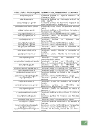 58 
CONSULTORIAS JURÍDICAS JUNTO AOS MINISTÉRIOS, ASSESSORIAS E SECRETARIAS 
ajur@abin.gov.br Assessoria Jurídica da Agência Brasileira de 
Informação - ABIN 
asjur@cgu.gov.br Assessoria Jurídica da Controladoria-Geral da 
União - CGU/PR 
assejur.sep@agu.gov.br Assessoria Jurídica da Secretaria Especial de 
Portos da Presidência da República 
gabinete@aviacaocivil.gov.br Assessoria Jurídica junto à Secretaria de Aviação 
Civil/PR 
cj@agricultura.gov.br Consultoria Jurídica no Ministério da Agricultura, 
Abastecimento e Pecuária 
conjur@cidades.gov.br Consultoria Jurídica no Ministério das Cidades 
webconjur@mct.gov.br Consultoria Jurídica no Ministério de Ciência, 
Tecnologia e Inovação 
conjur@mc.gov.br Consultoria Jurídica no Ministério das 
Comunicações 
conjur@cultura.gov.br Consultoria Jurídica no Ministério da Cultura 
conjur@defesa.gov.br Consultoria Jurídica no Ministério da Defesa 
sec@cojaer.aer.mil.br Consultoria Jurídica Adjunta no Comando da 
Aeronáutica 
conjur@gabcmt.eb.mil.br Consultoria Jurídica Adjunta no Comando do 
Exército 
cjacm@gcm.mar.mil.br Consultoria Jurídica Adjunta no Comando da 
Marinha 
conjur@mda.gov.br Consultoria Jurídica no Ministério do 
Desenvolvimento Agrário 
consultoriajuridica@mdic.gov.br Consultoria Jurídica no Ministério do 
Desenvolvimento, Indústria e Comércio Exterior 
conjur@mds.gov.br Consultoria Jurídica no Ministério do 
Desenvolvimento Social e Combate à Fome 
consultoriajuridica@mec.gov.br Consultoria Jurídica no Ministério da Educação 
conjur@esporte.gov.br Consultoria Jurídica no Ministério do Esporte 
conjur@integracao.gov.br Consultoria Jurídica no Ministério da Integração 
Nacional 
consultoriajuridica@mj.gov.br Consultoria Jurídica no Ministério da Justiça 
conjur@mma.gov.br Consultoria Jurídica no Ministério do Meio 
Ambiente 
conjur@mme.gov.br Consultoria Jurídica no Ministério de Minas e 
Energia 
conjur@planejamento.gov.br Consultoria Jurídica no Ministério do 
Planejamento, Orçamento e Gestão 
conjur@mpa.gov.br Consultoria Jurídica no Ministério da Pesca e 
Aquicultura 
cj.mps@previdencia.gov.br Consultoria Jurídica no Ministério da Previdência 
Social 
conjur@itamaraty.gov.br Consultoria Jurídica no Ministério das Relações 
Exteriores 
conjur@saude.gov.br Consultoria Jurídica no Ministério da Saúde 
conjur@mte.gov.br Consultoria Jurídica no Ministério do Trabalho e 
Emprego 
conjur.mt@transportes.gov.br Consultoria Jurídica no Ministério dos Transportes 
conjur@turismo.gov.br Consultoria Jurídica no Ministério do Turismo 
saj.gabinete@presidencia.gov.br Subchefia de Assuntos Jurídicos da Casa Civil - 
SAJ/PR 
 