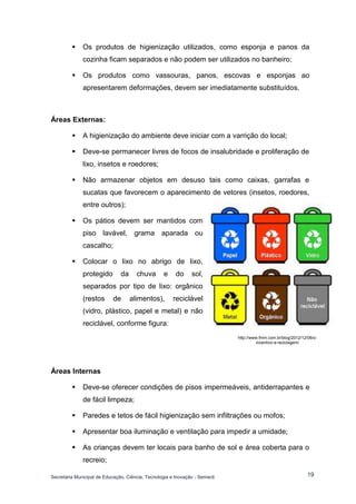 Secretaria Municipal de Educação, Ciência, Tecnologia e Inovação - Semecti 
19 
 Os produtos de higienização utilizados, como esponja e panos da cozinha ficam separados e não podem ser utilizados no banheiro; 
 Os produtos como vassouras, panos, escovas e esponjas ao apresentarem deformações, devem ser imediatamente substituídos. 
Áreas Externas: 
 A higienização do ambiente deve iniciar com a varrição do local; 
 Deve-se permanecer livres de focos de insalubridade e proliferação de lixo, insetos e roedores; 
 Não armazenar objetos em desuso tais como caixas, garrafas e sucatas que favorecem o aparecimento de vetores (insetos, roedores, 
entre outros); 
 Os pátios devem ser mantidos com piso lavável, grama aparada ou cascalho; 
 Colocar o lixo no abrigo de lixo, protegido da chuva e do sol, separados por tipo de lixo: orgânico (restos de alimentos), reciclável (vidro, plástico, papel e metal) e não reciclável, conforme figura: 
Áreas Internas 
 Deve-se oferecer condições de pisos impermeáveis, antiderrapantes e de fácil limpeza; 
 Paredes e tetos de fácil higienização sem infiltrações ou mofos; 
 Apresentar boa iluminação e ventilação para impedir a umidade; 
 As crianças devem ter locais para banho de sol e área coberta para o recreio; 
http://www.fmm.com.br/blog/2012/12/06/o- incentivo-a-reciclagem/ 
 