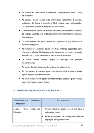 Secretaria Municipal de Educação, Ciência, Tecnologia e Inovação - Semecti 
20 
 As instalações devem estar embutidas e protegidas para evitar o risco de acidentes; 
 As janelas devem conter telas milimétricas resistentes à insetos, instaladas de forma a permitir a fácil retirada para higienização, principalmente que ofereça segurança as crianças; 
 O ambiente deve conter um armário para armazenamento de materiais de limpeza utilizado pela instituição, terminantemente fora do alcance das crianças; 
 Os reservatórios de água devem ser higienizados regularmente e mantidos tampados; 
 As instalações sanitárias devem obedecer critérios separados para crianças e adultos. Obrigatoriamente, separados por sexo, contendo vasos e pias com altura adaptada para a educação infantil; 
 Os vasos devem conter tampas e descarga em perfeito funcionamento; 
 As saídas de ralos devem conter sistema de fechamento; 
 As pias devem apresentar água corrente e ter fácil acesso a sabão liquido e papel toalha descartável; 
 As lavanderias devem conter compartimentos fechados para roupas sujas e outro para roupas limpas. 
5.. LIIMPEZA DE EQUIIPAMENTOS E MOBIILIIÁRIIOS 
Equipamentos e Mobiliários Frequência Procedimentos 
Fogão, Forno, Fritadeira 
Após o uso 
 Retirar e lavar as peças móveis com água e detergente neutro; 
 Fazer a raspagem de crostas e retirada com esponja e detergente neutro.  