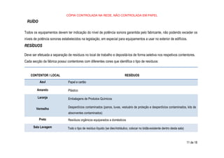 11 de 18
CÓPIA CONTROLADA NA REDE, NÃO CONTROLADA EM PAPEL
RUÍDO
Todos os equipamentos devem ter indicação do nível de potência sonora garantida pelo fabricante, não podendo exceder os
níveis de potência sonoras estabelecidos na legislação, em especial para equipamentos a usar no exterior de edifícios.
RESÍDUOS
Deve ser efetuada a separação de resíduos no local de trabalho e depositá-los de forma seletiva nos respetivos contentores.
Cada secção da fábrica possui contentores com diferentes cores que identifica o tipo de resíduos:
CONTENTOR / LOCAL RESÍDUOS
Azul Papel e cartão
Amarelo Plástico
Laranja Embalagens de Produtos Químicos
Vermelho Desperdícios contaminados (panos, luvas, vestuário de proteção e desperdícios contaminados, kits de
absorventes contaminados)
Preto Resíduos orgânicos equiparados a domésticos
Sala Lavagem Todo o tipo de resíduo líquido (se óleohidráulico, colocar no bidãoexistente dentro desta sala)
 
