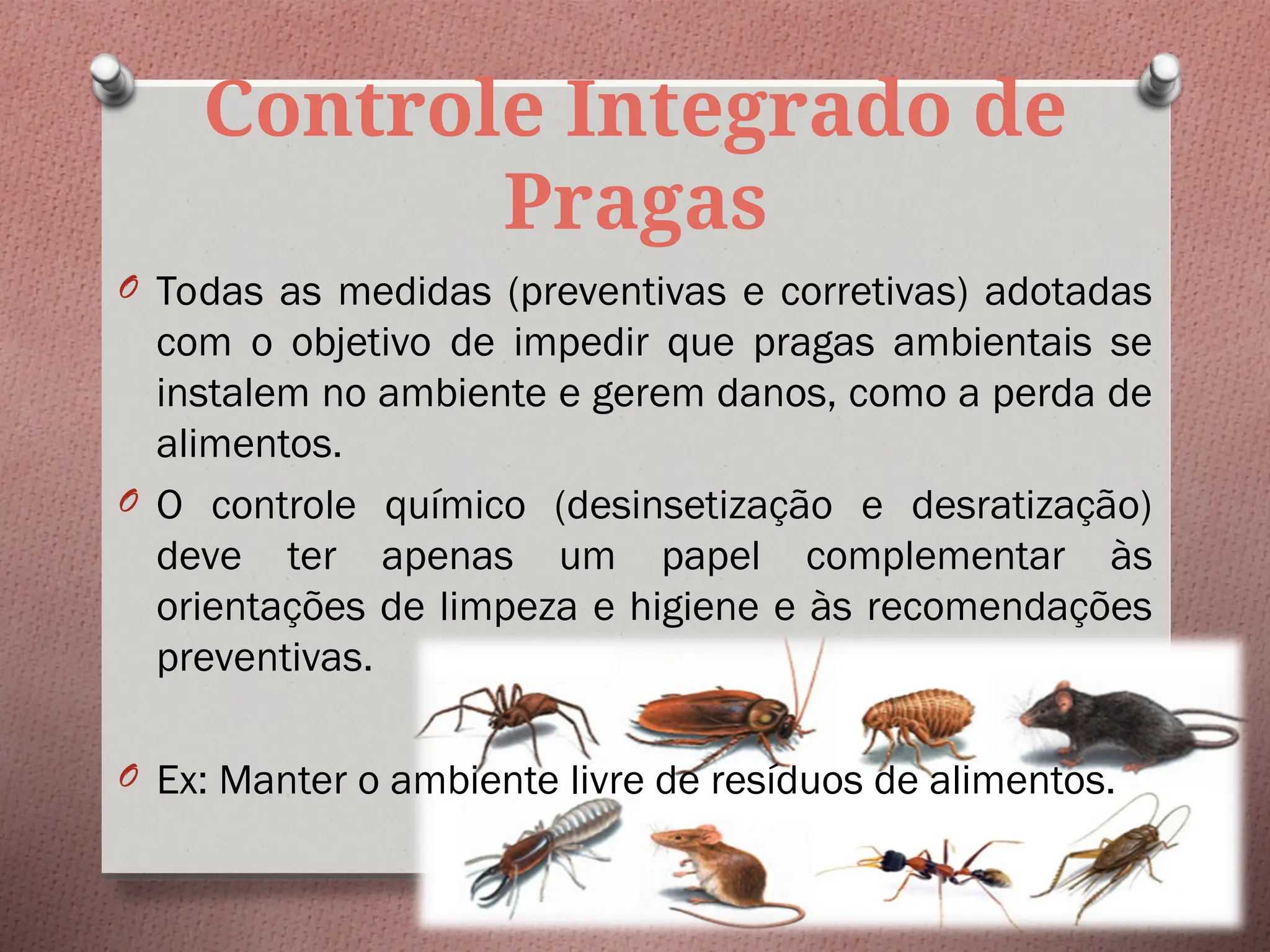 Controle Integrado de
Pragas
O Todas as medidas (preventivas e corretivas) adotadas
com o objetivo de impedir que pragas ambientais se
instalem no ambiente e gerem danos, como a perda de
alimentos.
O O controle químico (desinsetização e desratização)
deve ter apenas um papel complementar às
orientações de limpeza e higiene e às recomendações
preventivas.
O Ex: Manter o ambiente livre de resíduos de alimentos.
 