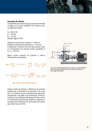 Exemplo de cálculo 
Uma bomba do mesmo tipo que aquela mostrada 
na figura 2.2.7 está instalada num sistema com 
os seguintes dados: 
12 
Q = 240 m3/h 
p1 = 0.5 bar 
p2 = 1.1 bar 
Líquido: Água a 200C 
Diâmetro da porta de sucção D1 = 150 mm 
Diâmetro da porta de descarga D2 = 125 mm. 
A diferença na altura entre as duas portas onde 
os manômetros de pressão estão instalados é 
h2-h1 = 355 mm. 
Agora somos capazes de calcular a altura 
manométrica da bomba: 
Como resulta do cálculo, a diferença de pressão 
medida por manômetros de pressão é de cerca 
de 1,1 m inferior ao que a bomba está realmente 
executando. Isso pede uma explicação. Primeiro, 
o desvio é causado pela diferença em altura entre 
os manômetros de pressão (0,36m) e segundo, é 
causado pela diferença de dimensões da porta, 
que neste caso é 0,77m. 
v1 p1 D1 
v2 
D1 = 150 mm 
D2= 125 mm 
Fig. 2.2.7: Bomba padrão com sucção na extremidade 
com diferentes dimensões de sucção e portas de 
descarga (exemplo) 
12 
12 
12 
12 
12 
h2 h1 
D2 
p2 
h2 - h1 = 355 mm 
v1 = 3.77 m/s2 
p1 = 0.5 bar 
v2 = 5.43 m/s2 
p2 = 1.1 bar 
87 
 