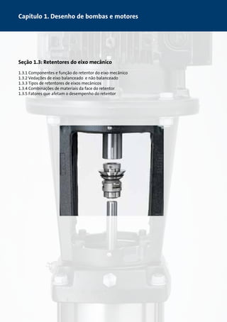Capítulo 1. Desenho de bombas e motores 
Seção 1.3: Retentores do eixo mecânico 
1.3.1 Componentes e função do retentor do eixo mecânico 
1.3.2 Vedações de eixo balanceado e não balanceado 
1.3.3 Tipos de retentores de eixos mecânicos 
1.3.4 Combinações de materiais da face do retentor 
1.3.5 Fatores que afetam o desempenho do retentor 
 