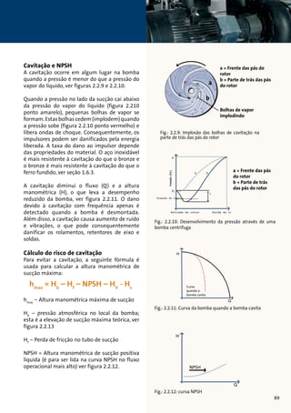 H 
Pressão do vapor 
a = Frente das pás do 
rotor 
b = Parte de trás das pás 
do rotor 
Bolhas de vapor 
implodindo 
a = Frente das pás 
do rotor 
b = Parte de trás 
das pás do rotor 
a 
b 
Fig.: 2.2.10: Desenvolvimento da pressão através de uma 
bomba centrifuga 
Q 
a 
p 
p1 
Entrada do rotor Saída do ro 
NPSH 
H 
Q 
H 
Pressão [Pa] 
Fig.: 2.2.12: curva NPSH 
Cavitação e NPSH 
A cavitação ocorre em algum lugar na bomba 
quando a pressão é menor do que a pressão do 
vapor do líquido, ver figuras 2.2.9 e 2.2.10. 
Quando a pressão no lado da sucção cai abaixo 
da pressão do vapor do líquido (figura 2.210 
ponto amarelo), pequenas bolhas de vapor se 
formam. Estas bolhas cedem (implodem) quando 
a pressão sobe (figura 2.2.10 ponto vermelho) e 
libera ondas de choque. Consequentemente, os 
impulsores podem ser danificados pela energia 
liberada. A taxa do dano ao impulsor depende 
das propriedades do material. O aço inoxidável 
é mais resistente à cavitação do que o bronze e 
o bronze é mais resistente à cavitação do que o 
ferro fundido, ver seção 1.6.3. 
A cavitação diminui o fluxo (Q) e a altura 
manométrica (H), o que leva a desempenho 
H 
reduzido da bomba, ver figura 2.2.11. O dano 
devido à cavitação com frequência apenas é 
detectado quando a bomba é desmontada. 
Além disso, a cavitação causa aumento de ruído 
e vibrações, o que pode consequentemente 
danificar os rolamentos, retentores de eixo e 
soldas. 
Cálculo do risco de cavitação 
Para evitar a cavitação, a seguinte fórmula é 
usada para calcular a altura manométrica de 
sucção máxima: 
hmax – Altura manométrica máxima de sucção 
Hb – pressão atmosférica no local da bomba; 
esta é a elevação de sucção máxima teórica, ver 
figura 2.2.13 
Hf – Perda de fricção no tubo de sucção 
NPSH = Altura manométrica de sucção positiva 
líquida (é para ser lida na curva NPSH no fluxo 
operacional mais alto) ver figura 2.2.12. 
Q 
Q 
NPSH 
H 
Q 
H 
Curva 
quando a 
bomba cavita 
b 
Fig.: 2.2.11: Curva da bomba quando a bomba cavita 
89 
Fig.: 2.2.9: Implosão das bolhas de cavitação na 
parte de trás das pás do rotor 
 