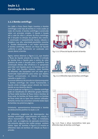 Seção 1.1 
Construção da bomba 
1.1.1 Bomba centrífuga 
Em 1689, o físico Denis Papin inventou a bomba 
centrífuga e este tipo de bomba é o mais usado ao 
redor do mundo. A bomba centrífuga é construída 
sobre um princípio simples: O líquido é levado 
até o cubo do rotor e, através da força centrífuga, 
ele é lançado na direção da periferia dos rotores. 
A construção é razoavelmente barata, robusta e 
simples e sua alta velocidade possibilita conectar 
a bomba diretamente a um motor assíncrono. 
A bomba centrífuga oferece um fluxo de líquido 
uniforme e pode facilmente ser acelerado sem 
causar danos a bomba. 
Agora, vamos observar a figura 1.1.1, que mostra 
o fluxo do líquido através da bomba. A entrada 
da bomba leva o líquido para o centro do rotor 
giratório de onde é lançado para a periferia. Esta 
construção oferece alta eficiência e é apropriada 
para lidar com líquidos puros. As bombas, que têm 
que lidar com líquidos impuros, como bombas 
de efluentes, são equipadas com um rotor que é 
construído especialmente para evitar que objetos 
fiquem armazenados no interior da bomba, 
consulte a seção 1.2.5. 
Se ocorrer diferença de pressão no sistema enquanto 
a bomba centrífuga não estiver funcionando, o 
líquido ainda consegue passar através da mesma 
devido ao seu desenho aberto. 
Como se pode ver na figura 1.1.2, a bomba centrífuga 
pode ser classificada em diferentes grupos: Bombas 
de fluxo radial, bombas de fluxo misto e bombas de 
fluxo axial. As bombas de fluxos radial e as bombas 
de fluxo misto são os tipos mais comuns utilizados. 
Portanto, iremos nos concentrar somente nestes tipos 
de bombas nas próximas páginas. 
Entretanto, apresentaremos brevemente a bomba 
de deslocamento positivo na seção 1.2.8. 
As diferentes exigências de desempenho das 
bombas centrífugas, especialmente em relação à 
altura manométrica total, fluxo e instalação, 
junto com as exigências de operação econômica, 
são somente algumas das razões porque existem 
tantos tipos de bombas. A Figura 1.1.3 mostra os 
diferentes tipos de bombas em relação ao fluxo e 
pressão. 
Fig. 1.1.1: O fluxo do líquido através da bomba 
Bomba de fluxo radial Bomba de fluxo misto Bomba de fluxo axial 
Fig. 1.1.2: Diferentes tipos de bombas centrífugas 
H [m] 
1 2 
10000 
6 
4 
2 
1000 
6 
4 
2 
100 
6 
4 
2 
10 
6 
4 
2 
4 
6 
Bombas de fluxo radial 
multiestágios 
Bombas de 
fluxo radial 
monoestágios 
10 
Bombas de fluxo misto 
Bombas de fluxo axial 
2 46 100 2 46 10002 46 10000 100000 
Q [m3/h] 
Fig. 1.1.3: Fluxo e altura manométrica total para 
diferentes tipos de bombas centrífugas 
8 
 