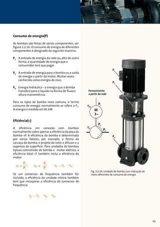 Consumo de energia(P) 
As bombas são feitas de vários componentes, ver 
figura 2.2.16. O consumo de energia de diferentes 
componentes é designado da seguinte maneira: 
P1 A entrada de energia da rede ou, dito de outra 
forma, a quantidade de energia que o 
consumidor terá que pagar 
P2 A entrada de energia para a bomba ou a saída 
de energia a partir do motor. Muitas vezes 
conhecida como energia do eixo; 
PH Energia hidráulica - a energia que a bomba 
transfere para o líquido na forma de fluxo e 
altura manométrica. 
Para os tipos de bomba mais comuns, o termo 
consumo de energia normalmente se refere a P2. 
A energia é medida em W, kW. 
Eficiência(η) 
A eficiência em conexão com bombas 
normalmente cobre apenas a eficiência da peça da 
bomba nP. A eficiência da bomba é determinada 
por vários fatores, por exemplo, a forma da 
carcaça da bomba, o projeto do rotor e difusor e a 
aspereza da superfície. Para unidades de bombas 
típicas consistindo de bomba e motor elétrico, a 
eficiência total nT também inclui a eficiência do 
motor: 
Se um conversor de frequência também for 
incluído, a eficiência da unidade inteira também 
tem que incorporar a eficiência do conversor de 
frequência: 
P1 
P2 
PH 
Fornecimento 
a partir da rede 
Fig. 2.2.16: Unidade de bomba com indicação de 
níveis diferentes de consumo de energia 
91 
 