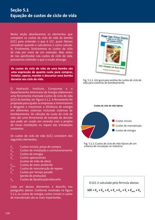 Seção 5.1 
Equação de custos de ciclo de vida 
Nesta seção abordaremos os elementos que 
compõem os custos de ciclo de vida da bomba 
(LCC) para entender o que é LCC, quais fatores 
considerar quando o calculamos e como calculá-lo. 
Finalmente, ilustraremos os custos de ciclo 
de vida por meio de um exemplo. Mas antes 
de nos aprofundar nos custos de ciclo de vida, 
precisamos entender o que a noção abrange. 
Os custos de ciclo de vida de uma bomba são 
uma expressão de quanto custa para comprar, 
instalar, operar, manter e descartar uma bomba 
durante seu ciclo de vida. Fig. 5.1.1: Um guia para análise de custos de ciclo de 
t 
O Hydraulic Institute, Europump e o 
Departamento Americano de Energia elaboraram 
uma ferramenta chamada Custos de ciclo de vida 
(LCC) da bomba, ver figura 5.1.1. A ferramenta foi 
projetada para ajudar as empresas a minimizarem 
o desgaste e maximizar a eficiência de energia 
em diferentes sistemas incluindo sistemas de 
bombeamento. Os cálculos de custo de ciclo de 
vida são uma ferramenta de tomada de decisão 
que pode ser usada em conexão com o projeto 
de novas instalações ou reparo das instalações 
existentes. 
Os custos de ciclo de vida (LCC) consistem dos 
seguintes elementos: 
Cic Custos iniciais, preço de compra 
Cin Custos de instalação e comissionamento 
Ce Custos de energia 
Co Custos operacionais 
(custos de mão de obra) 
Cemv Custos de meio ambiente 
Cm Custos de manutenção de reparo 
Cs Custos por tempo parado 
(perda de produção) 
Cd Custos de desativação/descarte 
Cada um desses elementos é descrito nos 
parágrafos abaixo. Conforme mostrado na figura 
5.1.2, os custos de energia, custos iniciais e custos 
de manutenção são os mais importantes. 
vida para sistemas de bombeamento 
Custos de ciclo de vida típicos 
Custos iniciais 
Custos de manutenção 
Custos de energia 
Fig. 5.1.2: Custos de ciclo de vida típicos de um 
sistema de circulação na indústria 
O LCC é calculado pela fórmula abaixo: 
LCC = Cic + Cin + Ce + Co + Cm + Cs + Cemv + Cd 
128 
