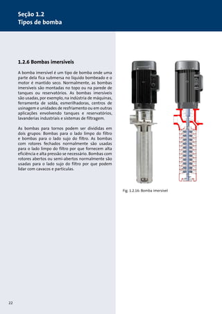 1.2.6 Bombas imersíveis 
A bomba imersível é um tipo de bomba onde uma 
parte dela fica submersa no líquido bombeado e o 
motor é mantido seco. Normalmente, as bombas 
imersíveis são montadas no topo ou na parede de 
tanques ou reservatórios. As bombas imersíveis 
são usadas, por exemplo, na indústria de máquinas, 
ferramenta de solda, esmerilhadoras, centros de 
usinagem e unidades de resfriamento ou em outras 
aplicações envolvendo tanques e reservatórios, 
lavanderias industriais e sistemas de filtragem. 
As bombas para tornos podem ser divididas em 
dois grupos: Bombas para o lado limpo do filtro 
e bombas para o lado sujo do filtro. As bombas 
com rotores fechados normalmente são usadas 
para o lado limpo do filtro por que fornecem alta 
eficiência e alta pressão se necessário. Bombas com 
rotores abertos ou semi-abertos normalmente são 
usadas para o lado sujo do filtro por que podem 
lidar com cavacos e partículas. 
Fig. 1.2.16: Bomba imersível 
Seção 1.2 
Tipos de bomba 
22 
 