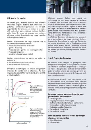 Eficiência do motor 
De modo geral, motores elétricos são bastante 
eficientes. Alguns motores têm eficiências de 
potencia eletricidade-para-eixo de 80-93% 
dependendo do tamanho do motor e as vezes 
até mais altas para motores maiores. Existem 
dois tipos de perda de energia em motores 
elétricos: perdas dependentes da carga e perdas 
independentes da carga. 
Perdas dependentes da carga variam com o 
quadrado da corrente e cobrem: 
• Perdas do enrolamento do estator 
(perdas de cobre) 
• Perdas do rotor (perdas por escorregamento) 
• Perdas por dispersão 
(em diferentes partes do motor) 
Perdas independentes da carga no motor se 
referem a: 
• Perdas de ferro (perdas do núcleo) 
• Perdas mecânicas (fricção) 
Diferentes classificações de motor categorizam 
motores de acordo com a eficiência. As mais 
importantes são CEMEP na UE (EFF1, EFF2 e EFF3) 
e EPAct nos EUA. 
Motores podem falhar por causa da 
sobrecarga por um longo período e, portanto 
a maioria dos motores são intencionalmente 
superdimensionados e apenas operam entre 75% a 
80% de sua capacidade de carga total. Nesse nível 
de carga, a eficiência do motor e fator de potência 
permanecem relativamente altos. Mas quando a 
carga do motor é menos do que 25%, a eficiência e 
fator de potencia diminuem. 
A eficiência do motor cai rapidamente abaixo de 
certa porcentagem da carga nominal. Assim, é 
importante dimensionar o motor de forma que 
as perdas associadas com o funcionamento do 
motor muito abaixo da sua capacidade nominal 
sejam minimizadas. É comum escolher um motor 
de bomba que satisfaça os requisitos de potencia 
da bomba. 
1.4.5 Proteção do motor 
Os motores quase sempre são protegidos contra 
temperaturas abrangentes as quais podem causar danos 
ao sistema de isolamento. Dependendo da construção 
do motor e da aplicação a proteção térmica também 
pode ter outras funções, por exemplo, prevenir que 
temperaturas danosas no conversor de frequência se ele 
está montado no motor. 
O tipo de proteção térmica vária com o tipo do motor. 
A construção do motor juntamente com o consumo 
de potencia deve ser levada em consideração quando 
escolhendo a proteção térmica. De modo geral, os 
motores tem que ser protegidos contra as seguintes 
condições: 
Erros que causam aumento lento de tem-peratura 
nos enrolamentos: 
• Sobrecarga lenta 
• Longos períodos de inicialização 
• Resfriamento reduzido/falta de resfriamento 
• Temperatura ambiente aumentada 
• Partidas e paradas frequentes 
• Flutuação de frequência 
• Flutuação de tensão 
Erros causando aumento rápido de temper-atura 
nos enrolamentos: 
• Rotor bloqueado 
• Falha de fase 
Por cento da carga nominal 
Porcento 
50 5 00 5 50 
00 
0 
0 
40 
0 
0. 
0. 
0.4 
0 
Eciência 
Fator de potencia 
Cos j 
75 5 5 75 
Por cento da carga nominal 
5 
75 
7 5 
75 
7 
Eciência % 
Fig 1.4.17: Eficiência 
vs fator de 
potência da carga 
vs carga (desenho 
esquemático) 
Fig 1.4.18: A relação 
entre eficiência e 
carga nominal de 
motores de tamanhos 
diferentes (desenho 
esquemático) 
49 
 