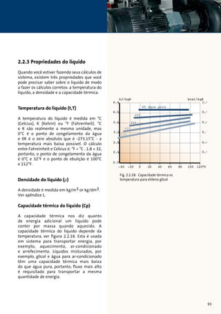 2.2.3 Propriedades do líquido 
Quando você estiver fazendo seus cálculos de 
sistema, existem três propriedades que você 
pode precisar saber sobre o liquido de modo 
a fazer os cálculos corretos: a temperatura do 
líquido, a densidade e a capacidade térmica. 
Temperatura do líquido (t,T) 
A temperatura do líquido é medida em °C 
(Celcius), K (Kelvin) ou °F (Fahrenheit). °C 
e K são realmente a mesma unidade, mas 
0°C é o ponto de congelamento da água 
e 0K é o zero absoluto que é -273.15°C - a 
temperatura mais baixa possível. O cálculo 
entre Fahreinheit e Celsius é: °F = °C . 1.8 + 32, 
portanto, o ponto de congelamento da água 
é 0°C e 32°F e o ponto de ebulição é 100°C 
e 212°F. 
Densidade do líquido (ρ) 
A densidade é medida em kg/m3 or kg/dm3. 
Ver apêndice L. 
Capacidade térmica do líquido (Cp) 
A capacidade térmica nos diz quanto 
de energia adicional um líquido pode 
conter por massa quando aquecido. A 
capacidade térmica do líquido depende da 
temperatura, ver figura 2.2.18. Esta é usada 
em sistema para transportar energia, por 
exemplo, aquecimento, ar-condicionado 
e arrefecimento. Líquidos misturados, por 
exemplo, glicol e água para ar-condicionado 
têm uma capacidade térmica mais baixa 
do que água pura, portanto, fluxo mais alto 
é requisitado para transportar a mesma 
quantidade de energia. 
kJ/kgK kcal/kgK 
1.0 
0.9 
0.8 
0.7 
0.6 
0.5 
93 
4.4 
4.0 
3.6 
3.2 
2.8 
2.4 
2.0 
0% água pura 
20% 
34% 
44% 
52% 
-40 -20 0 20 40 60 80 100 120°C 
Fig. 2.2.18: Capacidade térmica vs 
temperatura para etileno glicol 
 