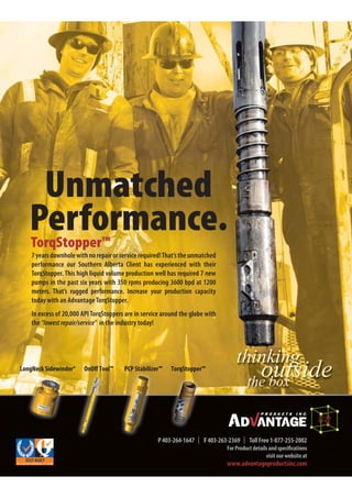 Weatherford International Ltd.
515 Post Oak Blvd., Suite 600
Houston, Texas 77027 USA
Tel: 713.693.4000
www.weatherford.com
AF30 Progressing Cavity Pump Surface Drive
6SHFL¿FDWLRQV
:HDWKHUIRUGSURGXFWVDQGVHUYLFHVDUHVXEMHFWWRWKHRPSDQ¶VVWDQGDUGWHUPVDQGFRQGLWLRQVDYDLODEOHRQUHTXHVW
or at www.weatherford.com. For more information contact an authorized Weatherford representative. Unless noted
RWKHUZLVHWUDGHPDUNVDQGVHUYLFHPDUNVKHUHLQDUHWKHSURSHUWRI:HDWKHUIRUG6SHFL¿FDWLRQVDUHVXEMHFWWRFKDQJH
without notice. Weatherford sells its products and services in accordance with the terms and conditions set forth in the
applicable contract between Weatherford and the client.
© 2007 Weatherford. All rights reserved. 3251.00
$UWL¿FLDO/LIW6VWHPV
a
Excluding electric motor
b
0D[LPXPRI7SHEHOWVRU7SH9EHOWV
c
D = distance from the base of the selected motor to its center line
%DVLF6SHFL¿FDWLRQV
'ULYHWSH Direct
Drive ratio 1:1
'ULYHVWOH Bearing box
Input shaft 9HUWLFDO
Ratings
Maximum input polished rod torque IWOE1,356 N•m)
Maximum polished rod speed 600 RPM
Thrust bearing ISO ratinga
OE45,359 kg)
7KUXVWEHDULQJDUDWLQJa
OE11.748 kg)
Maximum motor size 30 HP
Polished rod size LQ31.75 mm)
Maximum recommended temperature, seal ƒ)110°C)
Dimensions and Weights
Height LQ1,117.60 mm)
Input shaft size LQ63.50 mm)
'ULYHIUDPHZHLJKW OE200 kg)
Backspin control ,QWHUQDOKGUDXOLFIULFWLRQ
API wellhead connection
LQ(8(SLQRULQ
SVLÀDQJH
Prime mover (OHFWULFRUKGUDXOLF
Driven sheave maximum diameter LQ635.00 mm)
Drive sheave maximum diameter LQ279.40 mm)
Drive sheave minimum diameter LQ111.76 mm)
'ULYHEHOWWSH 9EHOWVRUVQFKURQRXVEHOWVVSURFNHWV
Maximum number of beltsb
4 or 6
Minimum center distancec
LQ'(393.70 mm + D)
7KH/LIW([SHUWVSM
Página 94
 