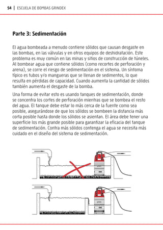 54 | Escuela de bombas Grindex
El agua bombeada a menudo contiene sólidos que causan desgaste en
las bombas, en las válvulas y en otros equipos de deshidratación. Este
problema es muy común en las minas y sitios de construcción de túneles.
Al bombear agua que contiene sólidos (como recortes de perforación y
arena), se corre el riesgo de sedimentación en el sistema. Un síntoma
típico es tubos y/o mangueras que se llenan de sedimentos, lo que
resulta en pérdidas de capacidad. Cuando aumenta la cantidad de sólidos
también aumenta el desgaste de la bomba.
Una forma de evitar esto es usando tanques de sedimentación, donde
se concentra los cortes de perforación mientras que se bombea el resto
del agua. El tanque debe estar lo más cerca de la fuente como sea
posible, asegurándose de que los sólidos se bombeen la distancia más
corta posible hasta donde los sólidos se asientan. El área debe tener una
superficie los más grande posible para garantizar la eficacia del tanque
de sedimentación. Contra más sólidos contenga el agua se necesita más
cuidado en el diseño del sistema de sedimentación.
Parte 3: Sedimentación
 