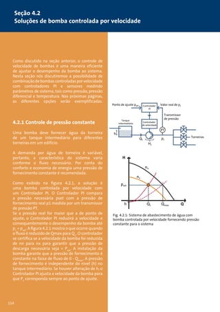 Seção 4.2 
Soluções de bomba controlada por velocidade 
Como discutido na seção anterior, o controle de 
velocidade de bombas é uma maneira eficiente 
de ajustar o desempenho da bomba ao sistema. 
Nesta seção nós discutiremos a possibilidade de 
combinação de bombas controladas por velocidade 
com controladores PI e sensores medindo 
parâmetros de sistema, tais como pressão, pressão 
diferencial e temperatura. Nas próximas páginas, 
as diferentes opções serão exemplificadas. 
4.2.1 Controle de pressão constante 
Uma bomba deve fornecer água da torneira 
de um tanque intermediário para diferentes 
torneiras em um edifício. 
A demanda por água de torneira é variável, 
portanto, a característica do sistema varia 
conforme o fluxo necessário. Por conta do 
conforto e economia de energia uma pressão de 
fornecimento constante é recomendada. 
Como exibido na figura 4.2.1, a solução é 
uma bomba controlada por velocidade com 
um Controlador PI. O Controlador PI compara 
a pressão necessária pset com a pressão de 
fornecimento real p1 medida por um transmissor 
de pressão PT. 
Se a pressão real for maior que a de ponto de 
ajuste, o Controlador PI reduzirá a velocidade e 
consequentemente o desempenho da bomba até 
p1 = pset. A figura 4.2.1 mostra o que ocorre quando 
o fluxo é reduzido de Qmax para Q1. O controlador 
se certifica se a velocidade da bomba foi reduzida 
de nn para nx para garantir que a pressão de 
descarga necessária seja = Pset. A instalação da 
bomba garante que a pressão de fornecimento é 
constante na faixa de fluxo de 0 - Qmax. A pressão 
de fornecimento é independente do nível (h) no 
tanque intermediário. Se houver alteração de h, o 
Controlador PI ajusta a velocidade da bomba para 
que P1 corresponda sempre ao ponto de ajuste. 
H 
h pset 
p1 
h 
Q1 
H1 
Ponto de ajuste pset 
Tanque 
intermediário 
Valor real de p1 
Transmissor 
de pressão 
Controlador 
PI 
Controlador 
de velocidade 
Torneiras 
nx 
PT 
H 
pset 
h Q1 Qmax Q 
p1 
h 
Q1 
H1 
Ponto de ajuste pset 
Tanque 
intermediário 
Valor real de p1 
Transmissor 
de pressão 
Controlador 
PI 
Controlador 
de velocidade 
Torneiras 
nx 
nn 
PT 
Fig. 4.2.1: Sistema de abastecimento de água com 
bomba controlada por velocidade fornecendo pressão 
constante para o sistema 
114 
 