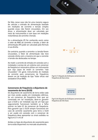 De fato, nesse caso não há uma maneira segura 
de calcular a entrada de alimentação baseada 
em medições de corrente e tensão simples 
quando essas não forem sinusoidais. Em vez 
disso, a alimentação deve ser calculada por 
meio de instrumentos e com base em medições 
instantâneas de corrente e tensão. 
Se a alimentação (P) for conhecida assim como 
o valor de RMS da corrente e tensão, o fator de 
alimentação (PF) pode ser calculado pela fórmula 
à sua direita. 
Do contrário, quando a corrente e a tensão forem 
sinusoidais, o fator de alimentação não terá 
conexão direta com a maneira em que a corrente 
e tensão são deslocadas no tempo. 
Ao medir a corrente de entrada em conexão com a 
instalação e serviço de um sistema com conversor 
de frequência é necessário utilizar um instrumento 
que seja capaz de medir as correntes “não 
sinusoidais”. Em geral, instrumentos de medição 
de corrente para conversores de frequência 
devem ser de medição do tipo “Valor eficaz real 
verdadeiro”(True RMS). 
Conversores de frequência e disjuntores de 
vazamento de terra (ELCB) 
Os disjuntores de vazamento de terra estão cada 
vez mais sendo usados em instalações elétricas. 
Se um conversor de frequência tiver que ser 
conectado em tal instalação, deve-se garantir 
que o ELCB a ser instalado seja de um tipo que 
seguramente funcionará também se a falha 
ocorrer no lado CC do conversor de frequência. 
Para garantir que o ELCB sempre funcionará em 
caso de corrente vazamento para terra o ELCB 
a ser usado em conexão com o conversor de 
frequência deve apresentar os sinais exibidos na 
figura 4.5.7 e 4.5.8 
Ambos os tipos de disjuntores de vazamento para 
terra estão disponíveis no mercado atualmente. 
tensão entre duas fases 
corrente de fase 
Ambos os valores efetivos (valores 
de RMS), se aplicam para U e I 
deslocamento de fase entre 
corrente e tensão 
Exemplo de cálculo: 
U = 400 V, I = 6,4 A, cos  = 0,83 
O resultado é uma entrada de alimentação 
de P = 3,68 kW 
Fig 4.5.7: Etiqueta do ELCB para conversores de 
frequência de fase única 
Fig 4.5.8: Etiqueta do ELCB para conversores de 
frequência de três fases 
125 
