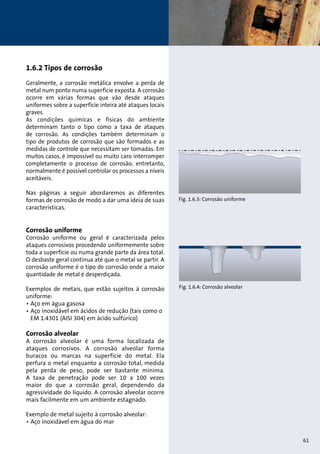 1.6.2 Tipos de corrosão 
Geralmente, a corrosão metálica envolve a perda de 
metal num ponto numa superfície exposta. A corrosão 
ocorre em várias formas que vão desde ataques 
uniformes sobre a superfície inteira até ataques locais 
graves. 
As condições químicas e físicas do ambiente 
determinam tanto o tipo como a taxa de ataques 
de corrosão. As condições também determinam o 
tipo de produtos de corrosão que são formados e as 
medidas de controle que necessitam ser tomadas. Em 
muitos casos, é impossível ou muito caro interromper 
completamente o processo de corrosão; entretanto, 
normalmente é possível controlar os processos a níveis 
aceitáveis. 
Nas páginas a seguir abordaremos as diferentes 
formas de corrosão de modo a dar uma ideia de suas 
características. 
Corrosão uniforme 
Corrosão uniforme ou geral é caracterizada pelos 
ataques corrosivos procedendo uniformemente sobre 
toda a superfície ou numa grande parte da área total. 
O desbaste geral continua até que o metal se partir. A 
corrosão uniforme é o tipo de corrosão onde a maior 
quantidade de metal é desperdiçada. 
Exemplos de metais, que estão sujeitos à corrosão 
uniforme: 
• Aço em água gasosa 
• Aço inoxidável em ácidos de redução (tais como o 
EM 1.4301 (AISI 304) em ácido sulfúrico) 
Corrosão alveolar 
A corrosão alveolar é uma forma localizada de 
ataques corrosivos. A corrosão alveolar forma 
buracos ou marcas na superfície do metal. Ela 
perfura o metal enquanto a corrosão total, medida 
pela perda de peso, pode ser bastante mínima. 
A taxa de penetração pode ser 10 a 100 vezes 
maior do que a corrosão geral, dependendo da 
agressividade do líquido. A corrosão alveolar ocorre 
mais facilmente em um ambiente estagnado. 
Exemplo de metal sujeito à corrosão alveolar: 
• Aço inoxidável em água do mar 
Fig. 1.6.3: Corrosão uniforme 
Fig. 1.6.4: Corrosão alveolar 
61 
 