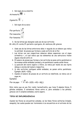 1. Del signo de su simetría:

Actinomorfa           *

Cigomorfa         ↓

   2. Del signo de su sexo:


Flor perfecta

Flor masculina

Flor femenina

   3. De las letras que designan cada uno de sus verticilos
K= cáliz, C= corola, P= perianto o perigonio, A= androceo, G= gineceo

   4. Cada una de las letras anteriores debe ir seguida de un número que indica
      la cantidad de piezas que forman a cada verticilo de la flor.
   5. Las letras con sus respectivos números deben separarse con el signo
      aritmético +, el cual indica que los elementos de una estructura tienen
      alguna relación entre sí.
   6. El numero de piezas que forman a los verticilos se pone entre paréntesis si
      las mismas están soldadas (unidas) y sin paréntesis cuando están libres.
   7. La posición del ovario supero o infero, se indica por medio de una rayita
      debajo o encima del numero respectivo.
   8. Si dos verticilos contiguos están soldados, se ponen entre paréntesis.
      Ejemplo: (K(4) + C(5)).
   9. Cuando el numero de piezas de un verticilo es indefinido, se indica con el
     signo ∞.
Ejemplos:

Flor de papa: *           K5 + (C(5) + A5) + G(2 )

Esto indica que es una flor radial, hermafrodita, que tiene 5 sépalos libres, 5
pétalos soldados, 5 estambres libres entre si, pero soldados a los pétalos,
gineceo con 2 carpelos soldados, ovario supero.

TIPOS DE INFLORESCENCIAS

Cuando las flores se encuentran aisladas, se les llama flores solitarias (tulipán,
amapola), las cuales pueden ser terminales si se encuentran en el extremo de los
 