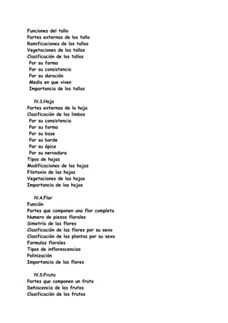 Funciones del tallo
Partes externas de los tallo
Ramificaciones de los tallos
Vegetaciones de los tallos
Clasificación de los tallos
 Por su forma
 Por su consistencia
 Por su duración
 Medio en que viven
 Importancia de los tallos

    IV.3.Hoja
Partes externas de la hoja
Clasificación de los limbos
 Por su consistencia
 Por su forma
 Por su base
 Por su borde
 Por su ápice
 Por su nervadura
Tipos de hojas
Modificaciones de las hojas
Filotaxia de las hojas
Vegetaciones de las hojas
Importancia de las hojas

    IV.4.Flor
Función
Partes que componen una flor completa
Numero de piezas florales
Simetría de las flores
Clasificación de las flores por su sexo
Clasificación de las plantas por su sexo
Formulas florales
Tipos de inflorescencias
Polinización
Importancia de las flores

   IV.5.Fruto
Partes que componen un fruto
Dehiscencia de los frutos
Clasificación de los frutos
 