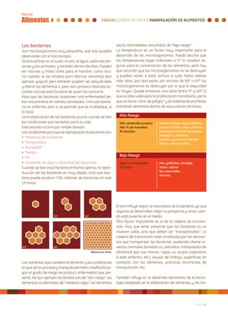 Las bacterias                                                  secos, mermeladas, encurtidos, de “bajo riesgo”.
Son microorganismos muy pequeños, que solo pueden              La temperatura es un factor muy importante para el
observarse con el microscopio.                                 desarrollo de los microorganismos. Puede decirse que
Se encuentran en el suelo, el aire, el agua, sobre las per-    las temperaturas bajas (inferiores a 5º C) resultan se-
sonas y los animales, y también dentro de ellos. Pueden        guras para la conservación de los alimentos, pero hay
ser nocivas y hasta útiles para el hombre, como ocu-           que recordar que los microorganismos no se destruyen
rre cuando se las emplea para fabricar alimentos (por          y pueden volver a estar activos si sube hasta valores
ejemplo yogurt), pero también pueden ser perjudiciales         más altos, por otra parte, por encima de 60º o 65º los
y alterar los alimentos o, peor aún, producir diversas ac-     microorganismos se destruyen por lo que la seguridad
ciones nocivas para la salud de quien los consume.             es mayor. Queda entonces una zona (entre 5º y 60º C)
Para que las bacterias ocasionen una enfermedad de-            que es adecuada para la proliferación microbiana, por lo
ben encontrarse en ciertas cantidades. Una sola bacte-         que se llama “zona de peligro” y es totalmente prohibido
ria no enferma, pero si se permite que se multiplique, si      mantener alimentos dentro de esos valores térmicos.
lo hará.
La multiplicación de las bacterias ocurre cuando se dan
las condiciones que necesitan para su vida.
Este proceso ocurre por simple división.
Las condiciones para que se reproduzcan las bacterias son:
• Presencia de nutrientes
• Temperatura
• Humedad
• Tiempo
• PH
• Contenido en Agua o Actividad de Agua (Aw)
Cuando se dan esos factores en forma óptima, la repro-
ducción de las bacterias es muy rápida. Una sola bac-
teria puede producir 536 millones de bacterias en solo
15 horas.




                                                               El aire influye según la naturaleza de la bacteria, ya que
                                                               algunas se desarrollan mejor su presencia y otras cuan-
                                                               do está ausente en el medio.
                                                               Otro factor importante es el de la cadena de transmi-
                                                               sión. Hay que tener presente que las bacterias no se
                                                               mueven solas, sino que deben ser “transportadas”. La
                                                               cadena de transmisión está constituida por los elemen-
                                                               tos que transportan las bacterias, pudiendo citarse in-
                                                               sectos, animales domésticos, utensilios, manipulador de
                                                               alimentos (por sus manos, ropas, su propio organismo
                                                               si esta enfermo, etc.), equipo de trabajo, superficies en
Los nutrientes que contiene el alimento y las condiciones      contacto con los alimentos, prácticas incorrectas de
en que se los procesa y manipula permiten clasificarlo se-     manipulación, etc.
gún el grado de riesgo de producir enfermedad que pre-
senta. Así por ejemplo los lácteos son de “alto riesgo”, los   También influye en el desarrollo bacteriano de la tecno-
alimentos recalentados de “mediano riego”, los alimentos       logía empleada en la elaboración de alimentos y los tra-




                                                                                                                 Página 11
 