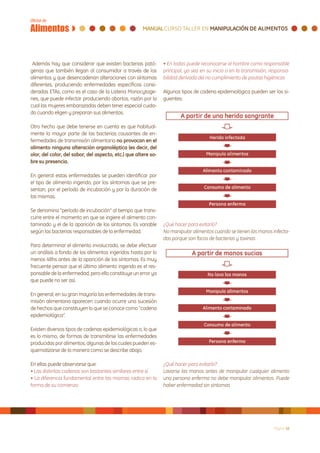 Además hay que considerar que existen bacterias pató-          • En todas puede reconocerse al hombre como responsable
genas que también llegan al consumidor a través de los          principal, ya sea en su inicio o en la transmisión, responsa-
alimentos y que desencadenan alteraciones con síntomas          bilidad derivada del no cumplimiento de pautas higiénicas
diferentes, produciendo enfermedades específicas consi-
deradas ETAs, como es el caso de la Listeria Monocytoge-        Algunos tipos de cadena epidemiológica pueden ser los si-
nes, que puede infectar produciendo abortos, razón por la       guientes:
cual las mujeres embarazadas deben tener especial cuida-
do cuando eligen y preparan sus alimentos.

Otro hecho que debe tenerse en cuenta es que habitual-
mente la mayor parte de las bacterias causantes de en-
fermedades de transmisión alimentaria no provocan en el
alimento ninguna alteración organoléptica (es decir, del
olor, del color, del sabor, del aspecto, etc.) que altere so-
bre su presencia.

En general estas enfermedades se pueden identificar por
el tipo de alimento ingerido, por los síntomas que se pre-
sentan, por el período de incubación y por la duración de
las mismas.

Se denomina “período de incubación” al tiempo que trans-
curre entre el momento en que se ingiere el alimento con-
taminado y el de la aparición de los síntomas. Es variable      ¿Qué hacer para evitarlo?
según las bacterias responsables de la enfermedad.              No manipular alimentos cuando se tienen las manos infecta-
                                                                das porque son focos de bacterias y toxinas
Para determinar el alimento involucrado, se debe efectuar
un análisis a fondo de los alimentos ingeridos hasta por lo
menos 48hs antes de la aparición de los síntomas. Es muy
frecuente pensar que el último alimento ingerido es el res-
ponsable de la enfermedad, pero ello constituye un error ya
que puede no ser así.

En general, en su gran mayoría las enfermedades de trans-
misión alimentaria aparecen cuando ocurre una sucesión
de hechos que constituyen lo que se conoce como “cadena
epidemiológica”.

Existen diversos tipos de cadenas epidemiológicas o, lo que
es lo mismo, de formas de transmitirse las enfermedades
producidas por alimentos, algunas de las cuales pueden es-
quematizarse de la manera como se describe abajo.

En ellas puede observarse que:                                  ¿Qué hacer para evitarlo?
• Las distintas cadenas son bastantes similares entre sí        Lavarse las manos antes de manipular cualquier alimento
• La diferencia fundamental entre las mismas radica en la       una persona enferma no debe manipular alimentos. Puede
forma de su comienzo                                            haber enfermedad sin sintomas




                                                                                                                     Página 16
 