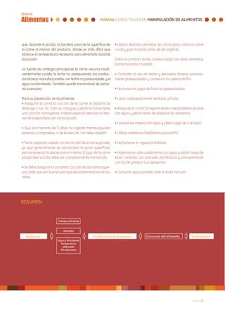 que, durante el picado, la bacteria pasa de la superficie de    • Utilizar distintos utensilios de cocina para cortar la carne
la carne al interior del producto, donde es más difícil que     cruda y para trozarla antes de ser ingerida
alcance la temperatura necesaria para eliminarla durante
la cocción.                                                     Evitar el contacto de las carnes crudas con otros alimentos
                                                                (contaminación cruzada).
La fuente de contagio principal es la carne vacuna insufi-
cientemente cocida, la leche no pasteurizada, los produc-       • Controlar el uso de leche y derivados lácteos correcta-
tos lácteos manufacturados con leche no pasteurizada y el       mente pasteurizados y conservar la cadena de frío
agua contaminada. También puede transmitirse de perso-
na a persona.                                                   • No consumir jugos de fruta no pasteurizados

Para su prevención, se recomienda:                              • Lavar cuidadosamente verduras y frutas
• Asegurar la correcta cocción de la carne; la bacteria se
destruye a los 70 . Esto se consigue cuando la carne tiene      • Asegurar la correcta higiene de las manos (deben lavarse
una cocción homogénea. Prestar especial atención al inte-       con agua y jabón) antes de preparar los alimentos
rior de preparados con carne picada
                                                                • Lavarse las manos con agua y jabón luego de ir al baño
• Que los menores de 5 años no ingieran hamburguesas
caseras o compradas, ni de locales de “comidas rápidas”         • Utilizar natatorios habilitados para tal fin

• Tener especial cuidado con la cocción de la carne picada,     • No bañarse en aguas prohibidas
ya que generalmente se cocina bien la parte superficial,
permaneciendo la bacteria en el interior. El jugo de la carne   • Higienizarse adecuadamente con agua y jabón luego de
picada bien cocida, debe ser completamente translúcido          tener contacto con animales domésticos y principalmente
                                                                con los de granja o sus aposentos
• Se debe asegurar la completa cocción de las hamburgue-
sas dado que son fuente principal de contaminación en los       • Consumir agua potable; ante la duda, hervirla
niños




RESUMEN




                                                                                                                      Página 23
 