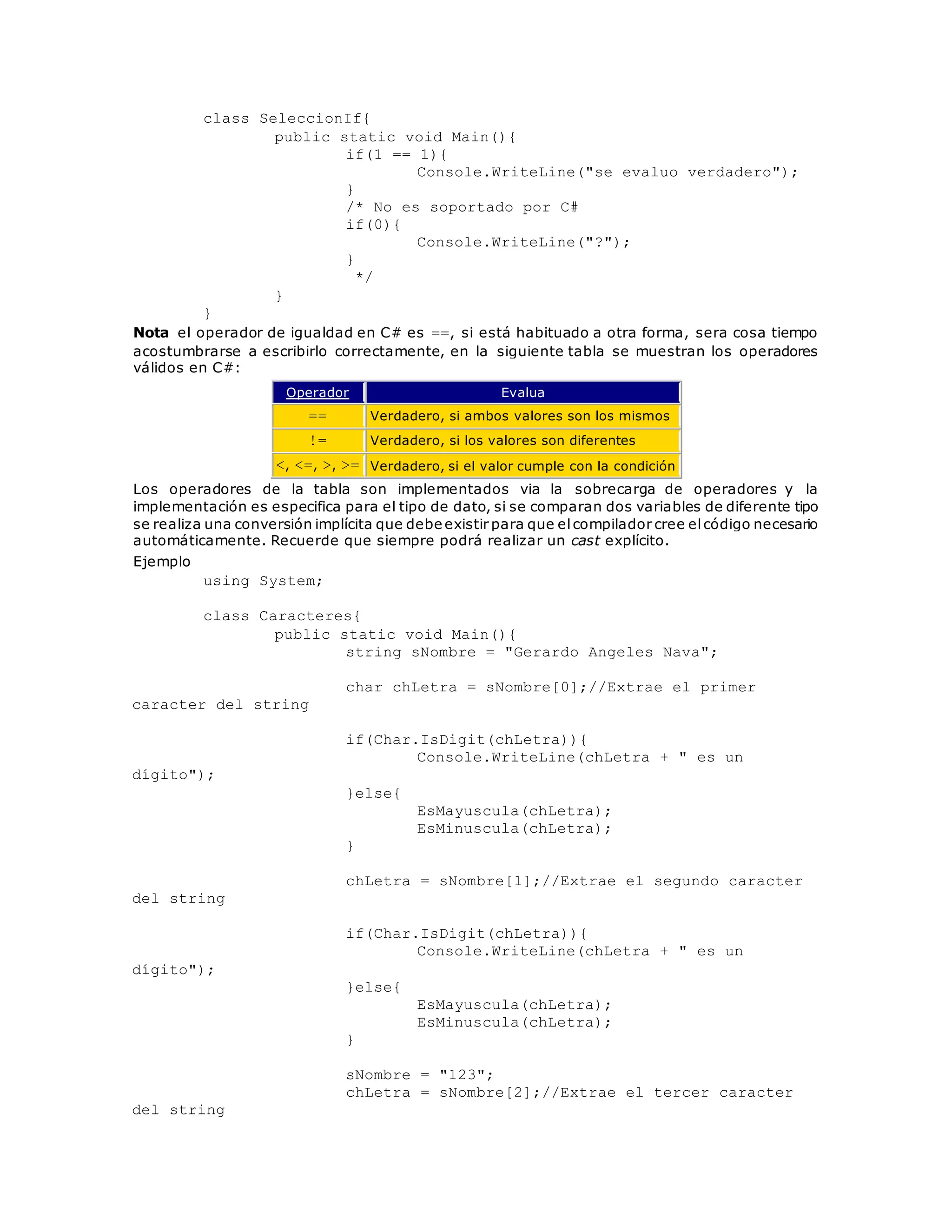 class SeleccionIf{ 
public static void Main(){ 
if(1 == 1){ 
Console.WriteLine("se evaluo verdadero"); 
} 
/* No es soportado por C# 
if(0){ 
Console.WriteLine("?"); 
} 
*/ 
} 
} 
Nota el operador de igualdad en C# es ==, si está habituado a otra forma, sera cosa tiempo 
acostumbrarse a escribirlo correctamente, en la siguiente tabla se muestran los operadores 
válidos en C#: 
Operador Evalua 
== Verdadero, si ambos valores son los mismos 
!= Verdadero, si los valores son diferentes 
<, <=, >, >= Verdadero, si el valor cumple con la condición 
Los operadores de la tabla son implementados via la sobrecarga de operadores y la 
implementación es especifica para el tipo de dato, si se comparan dos variables de diferente tipo 
se realiza una conversión implícita que debe existir para que el compilador cree el código necesario 
automáticamente. Recuerde que siempre podrá realizar un cast explícito. 
Ejemplo 
using System; 
class Caracteres{ 
public static void Main(){ 
string sNombre = "Gerardo Angeles Nava"; 
char chLetra = sNombre[0];//Extrae el primer 
caracter del string 
if(Char.IsDigit(chLetra)){ 
Console.WriteLine(chLetra + " es un 
dígito"); 
}else{ 
EsMayuscula(chLetra); 
EsMinuscula(chLetra); 
} 
chLetra = sNombre[1];//Extrae el segundo caracter 
del string 
if(Char.IsDigit(chLetra)){ 
Console.WriteLine(chLetra + " es un 
dígito"); 
}else{ 
EsMayuscula(chLetra); 
EsMinuscula(chLetra); 
} 
sNombre = "123"; 
chLetra = sNombre[2];//Extrae el tercer caracter 
del string 
 