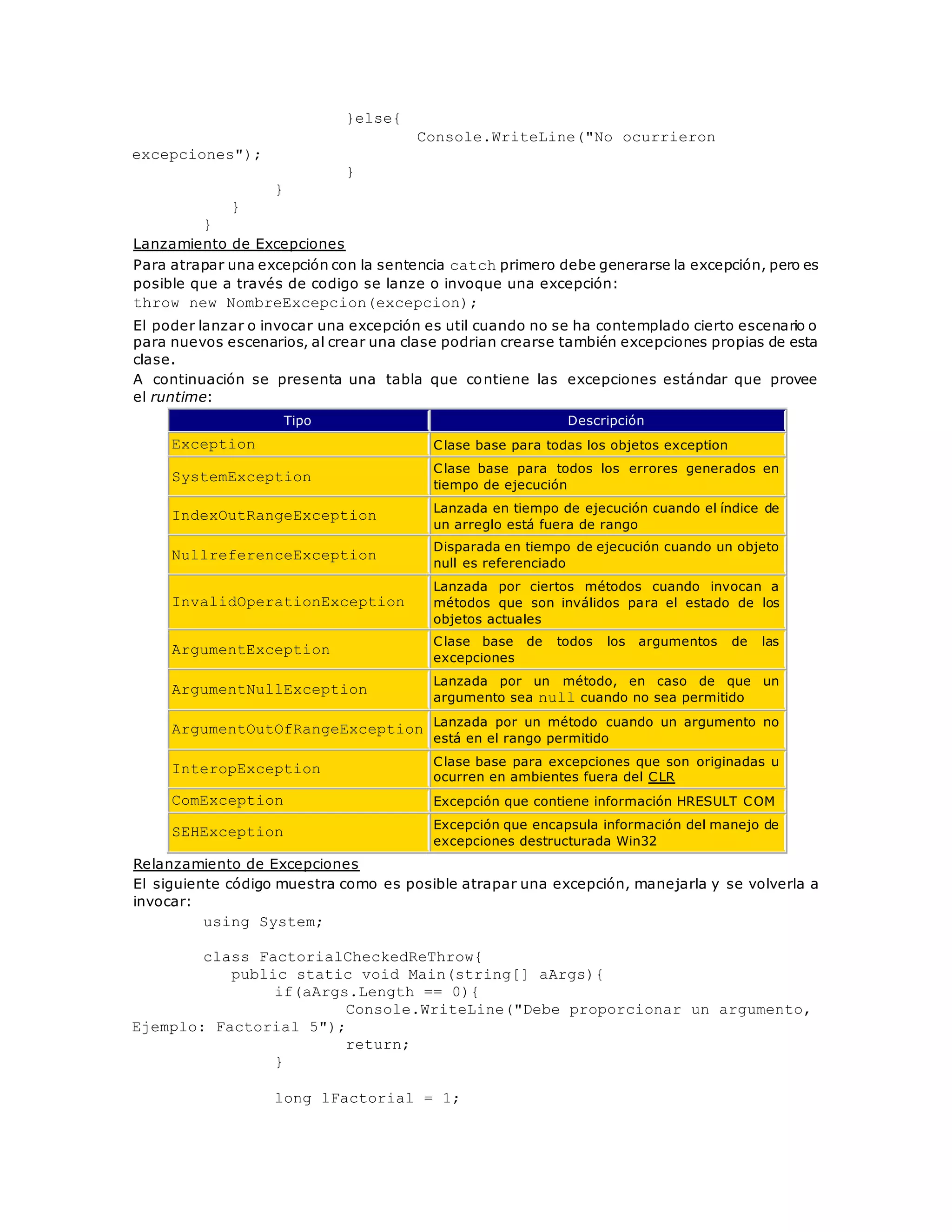 }else{ 
Console.WriteLine("No ocurrieron 
excepciones"); 
} 
} 
} 
} 
Lanzamiento de Excepciones 
Para atrapar una excepción con la sentencia catch primero debe generarse la excepción, pero es 
posible que a través de codigo se lanze o invoque una excepción: 
throw new NombreExcepcion(excepcion); 
El poder lanzar o invocar una excepción es util cuando no se ha contemplado cierto escenario o 
para nuevos escenarios, al crear una clase podrian crearse también excepciones propias de esta 
clase. 
A continuación se presenta una tabla que contiene las excepciones estándar que provee 
el runtime: 
Tipo Descripción 
Exception Clase base para todas los objetos exception 
SystemException 
Clase base para todos los errores generados en 
tiempo de ejecución 
IndexOutRangeException 
Lanzada en tiempo de ejecución cuando el índice de 
un arreglo está fuera de rango 
NullreferenceException 
Disparada en tiempo de ejecución cuando un objeto 
null es referenciado 
InvalidOperationException 
Lanzada por ciertos métodos cuando invocan a 
métodos que son inválidos para el estado de los 
objetos actuales 
ArgumentException 
Clase base de todos los argumentos de las 
excepciones 
ArgumentNullException 
Lanzada por un método, en caso de que un 
argumento sea null cuando no sea permitido 
ArgumentOutOfRangeException 
Lanzada por un método cuando un argumento no 
está en el rango permitido 
InteropException 
Clase base para excepciones que son originadas u 
ocurren en ambientes fuera del CLR 
ComException Excepción que contiene información HRESULT COM 
SEHException 
Excepción que encapsula información del manejo de 
excepciones destructurada Win32 
Relanzamiento de Excepciones 
El siguiente código muestra como es posible atrapar una excepción, manejarla y se volverla a 
invocar: 
using System; 
class FactorialCheckedReThrow{ 
public static void Main(string[] aArgs){ 
if(aArgs.Length == 0){ 
Console.WriteLine("Debe proporcionar un argumento, 
Ejemplo: Factorial 5"); 
return; 
} 
long lFactorial = 1; 
 