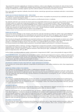 Este material foi entretanto substituído por elastómeros sintéticos, sendo os mais utilizados como isolantes de cabos de baixa tensão:
o EPM (etileno-propileno) e o EPDM (etileno propileno dieno) incluidos na família dos EPR. Estes materiais são reticuláveis através, por
exemplo, da utilização de peróxidos orgânicos, que lhes conferem melhores características mecânicas e eléctricas.

Para certas aplicações especiais é utilizada a borracha de silicone, material que apresenta uma constituição molecular e características
muito diferentes.

BORRACHAS DE ETILENO PROPILENO (EPR) – EPM E EPDM
São copolímeros* de baixa densidade, obtidos por polimerização do etileno e do propileno em presença de um catalizador que promove
a reticulação, estabelecendo ligações duplas.
Possuem um excelente comportamento no que diz respeito ao envelhecimento térmico e à oxidação.

São utilizados sobretudo como materiais de isolação pelas boas propriedades dieléctricas que apresentam. Como isolantes, já em estado
reticulado, podem ser usados para temperaturas máximas nos condutores e em permanência de 80ºC a 90ºC. Têm propriedades
semelhantes caracterizando-se por grande flexibilidade mesmo a baixas temperaturas, boa resistência à fluidez, pelo que podem ser
utilizados até 250ºC em caso de curto-circuito dos condutores, resistência excepcional às descargas e radiações ionizantes, baixa absorção
de água, boa resistência ao envelhecimento térmico, ao ar e à luz, e elevada resistência à abrasão. Apresentam fraca resistência ao óleo
e propriedades mecânicas médias (tensão de ruptura versus alongamento).
*Designação atribuida à macromolécula quando existe mais do que uma unidade básica na sua constituição.


BORRACHA DE SILICONE
A borracha de silicone distingue-se das restantes acima descritas, pois não é baseada em cadeias de carbono como a generalidade dos
polímeros. As suas macromoléculas são constituidas por uma sucessão de átomos de sílicio e de oxigénio, o que lhe dá um excelente
comportamento ao calor. As ligações laterais da cadeia são orgânicas à base de carbono, razão da flexibilidade do composto.

Esta borracha tem tido grande aplicabilidade como material de isolação nos cabos resistentes ao fogo. Quando em contacto com a chama,
arde, mas o dióxido de silício que se forma durante a combustão mantem-se agarrado ao condutor, criando uma manga isolante que
assegura a continuidade da ligação eléctrica. Por outro lado, a sua combustão liberta poucos fumos e não é tóxica.
No seu processamento são incluidos aditivos juntamente com peróxidos orgânicos para promover a reticulação (vulcanização).

Como propriedades podem-se destacar: excelente comportamento a temperaturas elevadas, razoáveis propriedades eléctricas e
independentes da temperatura de utilização (-80ºC a +250ºC), boa resistência ao efeito de coroa e bom comportamento eléctrico em
ambiente húmido, excelente resistência a radiações ionizantes, baixa absorção de água, a flexibilidade é praticamente inálteravel numa
gama de temperaturas dos -50ºC aos 180ºC.

Os fios isolados com silicone podem ser usados continuamente a temperaturas de 180ºC, e para curtos períodos de tempo até 250ºC.

POLICLOROPRENO (PCP) – É um polímero de clorobutadieno, também conhecido pela designação de neopreno, obtido por polimerização
do cloropreno proveniente da acção do cloro. Tem muito bom comportamento ao frio, com tratamento adequado resiste bem ao ozono, à
radiação UV e não propaga a chama. Possuí fracas propriedades como dieléctrico, pelo que é usado apenas como material de bainhas.
Se vulcanizado, apresenta excelententes propriedades mecânicas.
É utilizado em bainhas de cabos flexíveis para aplicações móveis em minas e na siderurgia.

POLIETILENO CLOROSULFUNADO (CSM) (HYPALON –MARCA REGISTADA DA DUPONT)
É um material com o mesmo tipo de aplicação e propriedades do policloropreno, tendo melhor resistência ao calor e bom comportamento
aos óleos.

BORRACHA NITRILO ACRÍLICA VULCANIZADA
É um copolímero de butadieno e de nitrilo-acrílico e é habitualmente misturado com PVC.
Apresenta uma elevada flexibilidade juntamente com boa resistência à abrasão, ao esmagamento e ao impacto pelo que é muito usada
como bainha de cabos flexíveis em aplicações móveis. Apresenta muito boa resistência aos óleos sendo por isso usada como bainha de
cabos que tenham que estar imersos em óleo. Tem boa resistência ao envelhecimento e às intempéries, ao calor e às baixas temperaturas
e não propaga a chama.

PVC ACRÍLICO
É um composto resultante da mistura de PVC com borracha nitrílica. As suas propriedades são muito próximas das do policloropreno
com um melhor comportamento aos hidrocarbonetos. Apresenta boas propriedades mecânicas, bom comportamento às intempéries, bom
comportamento ao ozono, muito boa resistência aos óleos, e não propaga a chama. Tem contudo más propriedades eléctricas, pelo que
só é usado como material de bainha.

ISOLAMENTO MINERAL
O isolamento mineral tem aplicação em cabos especiais resistentes ao fogo, habitualmente utilizados em locais com risco de explosão,
em locais com elevado risco de incêndio e onde as temperaturas podem subir até valores de 1000ºC.

Desde que seja mantido seco, um material mineral como, por exemplo, o óxido de magnésio tem excelentes propriedades eléctricas.
Como absorve água do ar, o isolamento tem que ser envolvido por uma bainha de cobre completamente hermética. O cabo assim formado
apresenta grande resistência ao fogo e opera até temperaturas que podem chegar a algumas centenas de graus centígrados. Como é
inorgânico não envelhece. Os cabos de isolamento mineral apresentam um baixo diâmetro quando comparados com os convencionais,
têm muito boa resistência mecânica, são resistentes à radiação e à penetração de água. Nos casos em que haja perigo de corrosão da
bainha de cobre esta pode ser revestida por uma bainha plástica que, no entanto, faz reduzir a temperatura máxima de serviço do cabo.

POLIAMIDA E POLIURETANOS
Estes materiais são usados como revestimento externo (bainhas) em aplicações onde se exige elevada resistência mecânica, aliada a boa
resistência química, nomeadamente, resistência ao benzeno, hidrocarbonetos aromáticos, óleos, esters, acetonas e hidrocarbonetos
clorados.


                                                                                    16
 