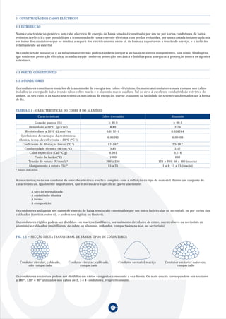 1. CONSTITUIÇÃO DOS CABOS ELÉCTRICOS

1.1 INTRODUÇÃO

Numa caracterização genérica, um cabo eléctrico de energia de baixa tensão é constituído por um ou por vários condutores de baixa
resistência eléctrica que possibilitam a transmissão de uma corrente eléctrica com perdas reduzidas, por uma camada isolante aplicada
em torno dos condutores que se destina a separá-los electricamente entre si, de forma a suportarem a tensão de serviço, e a isolá-los
relativamente ao exterior.

As condições de instalação e as influências externas podem também obrigar à inclusão de outros componentes, tais como: blindagens,
que conferem protecção eléctrica, armaduras que conferem protecção mecânica e bainhas para assegurar a protecção contra os agentes
exteriores.



1.2 PARTES CONSTITUINTES

1.2.1 CONDUTORES

Os condutores constituem o núcleo de transmissão de energia dos cabos eléctricos. Os materiais condutores mais comuns nos cabos
isolados de energia de baixa tensão são o cobre macio e o alumínio macio ou duro. Tal se deve à excelente condutividade eléctrica de
ambos, ao seu custo e às suas características mecânicas de excepção, que se traduzem na facilidade de serem transformados até à forma
de fio.


TABELA 1.1 - CARACTERÍSTICAS DO COBRE E DO ALUMÍNIO
                        Características                         Cobre (recozido)                                        Alumínio

              Grau de pureza (%)                                       99,9                                                99,5
         Densidade a 20ºC (gr/cm3)                                    8,89                                                2,70
       Resistividade a 20ºC (Ω.mm2/m)                               0,017241                                            0,028264
    Coeficiente de variação da resistência
                                                                     0,00393                                            0,00403
   óhmica, temp. de referência = 20ºC (ºC-1)
     Coeficiente de dilatação linear (ºC-1)                          17x10    -6
                                                                                                                          23x10-6
      Condutividade térmica (W/cm.ºC)                                  3,85                                                 2,17
          Calor específico (Cal/ºC.g)                                 0,093                                                0,214
             Ponto de fusão (ºC)                                      1080                                                  660
         Tensão de rotura (N/mm2) *                                 200 a 250                                  125 a 205; 60 a 105 (macio)
         Alongamento à rotura (%) *                                  15 a 35                                      1 a 4; 15 a 25 (macio)
* Valores indicativos



A caracterização de um condutor de um cabo eléctrico não fica completa com a definição do tipo de material. Existe um conjunto de
características, igualmente importantes, que é necessário especificar, particularmente:

             ·   A   secção normalizada
             ·   A   resistência óhmica
             ·   A   forma
             ·   A   composição

Os condutores utilizados nos cabos de energia de baixa tensão são constituídos por um único fio (circular ou sectorial), ou por vários fios
cableados (torcidos entre si), e podem ser rígidos ou flexíveis.

Os condutores rígidos podem ser divididos em maciços (unifilares, normalmente circulares de cobre, ou circulares ou sectoriais de
alumínio) e cableados (multifilares, de cobre ou alumínio, redondos, compactados ou não, ou sectoriais).


FIG. 1.1 - SECÇÃO RECTA TRANSVERSAL DE VÁRIOS TIPOS DE CONDUTORES




   Condutor circular, cableado,           Condutor circular, cableado,             Condutor sectorial maciço       Condutor sectorial cableado,
        não compactado                           compactado                                                               compactado


Os condutores sectoriais podem ser divididos em várias categorias consoante a sua forma. Os mais usuais correspondem aos sectores
a 180º, 120º e 90º utilizados nos cabos de 2, 3 e 4 condutores, respectivamente.




                                                                         07
 