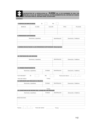 0-6394

CONTINUACION DE LA RESOLUCION No.
DEL 22 DE DICIEMBRE DE 2004, POR
MEDIO DE LA CUAL SE ADOPTA EL MANUAL DE PROCEDIMIENTOS DEL SISTEMA DE CADENA
DE CUSTODIA PARA EL SISTEMA PENAL ACUSATORIO

Si

7 . V E H IC U L O S IM P L IC A D O S
MARCA

No

CLASE

CO LO R

T IP O

PLAC AS

8. PER SO N AS C APT U R AD AS
N o m b re s y A p e llid o s

Id e n tific a c ió n

D ire c c ió n y T e lé fo n o

9 . A R M A S IN C A U T A D A S A L A S P E R S O N A S C A P T U R A D A S (D e s c rip c ió n )

1 0 . T E S T IG O S D E L O S H E C H O S
Id e n tific a c ió n

N o m b re s y A p e llid o s

D ire c c ió n y T e lé fo n o

Id e n tific a c ió n

D ire c c ió n y T e lé fo n o

1 1 . P R IM E R R E S P O N D IE N T E
N o m b re s y A p e llid o s

F u é re le v a d o ? :

S i:

E n tid a d

No

F e c h a d e l re le v o :

D

M

A

F irm a :

H o ra d e l re le v o :
1 2 . S E R V ID O R Q U E R E A L IZ A E L R E L E V O
N o m b re s y A p e llid o s

E n tid a d

Id e n tific a c ió n

D ire c c ió n y T e lé fo n o

F irm a :
1 3 . C O N S T A N C IA D E R E C IB O D E L L U G A R D E L O S H E C H O S
N o m b re s y A p e llid o s

E n tid a d

Id e n tific a c ió n

D ire c c ió n y T e lé fo n o

O b s e rv a c io n e s :

Fecha

D

M

A

H o ra d e l re c ib o :

F irm a :

112

 