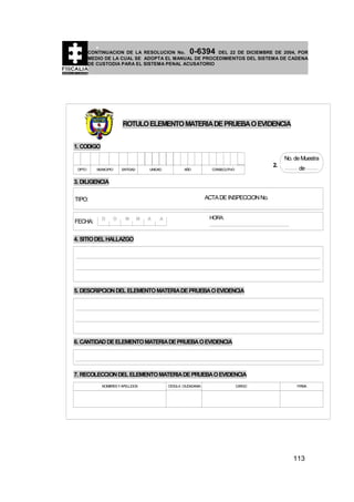 0-6394

CONTINUACION DE LA RESOLUCION No.
DEL 22 DE DICIEMBRE DE 2004, POR
MEDIO DE LA CUAL SE ADOPTA EL MANUAL DE PROCEDIMIENTOS DEL SISTEMA DE CADENA
DE CUSTODIA PARA EL SISTEMA PENAL ACUSATORIO

ROTULO ELEMENTO MATERIA DE PRUEBA O EVIDENCIA
1. CODIGO
No. de Muestra
DPTO

MUNICIPIO

ENTIDAD

UNIDAD

AÑO

2.

CONSECUTIVO

de

3. DILIGENCIA
ACTA DE INSPECCION No.

TIPO:

FECHA:

D

D

M

M

A

HORA:

A

4. SITIO DEL HALLAZGO

5. DESCRIPCION DEL ELEMENTO MATERIA DE PRUEBA O EVIDENCIA

6. CANTIDAD DE ELEMENTO MATERIA DE PRUEBA O EVIDENCIA

7. RECOLECCION DEL ELEMENTO MATERIA DE PRUEBA O EVIDENCIA
NOMBRES Y APELLIDOS

CEDULA CIUDADANIA

CARGO

FIRMA

113

 