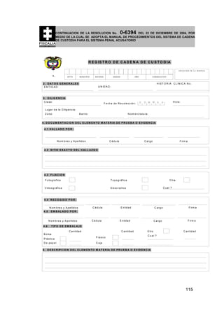 0-6394

CONTINUACION DE LA RESOLUCION No.
DEL 22 DE DICIEMBRE DE 2004, POR
MEDIO DE LA CUAL SE ADOPTA EL MANUAL DE PROCEDIMIENTOS DEL SISTEMA DE CADENA
DE CUSTODIA PARA EL SISTEMA PENAL ACUSATORIO

R E G IS T R O D E C A D E N A D E C U S T O D IA
U B IC A C IO N E N L A B O D E G A

1.

DPTO

M U N IC IP IO

E N T ID A D

U N ID A D

AÑO

C O N S E C U T IV O

H IS T O R IA C L IN IC A N o .

2. D ATO S G EN ER ALES
E N T ID A D :

U N ID A D :

3 . D IL IG E N C IA
C la s e :

F e c h a d e R e c o le c c ió n :

D

D M M A

H o ra :

A

L u g a r d e la D ilig e n c ia :
Zona:

B a rrio :

N o m e n c la tu ra :

4 . D O C U M E N T A C IO N D E L E L E M E N T O M A T E R IA D E P R U E B A O E V ID E N C IA
4 .1 H A L L A D O P O R :

N o m b re s y A p e llid o s

C é d u la

C a rg o

F irm a

4 .2 S IT IO E X A C T O D E L H A L L A Z G O

4 .3 F IJ A C IO N
F o to g rá fic a

T o p o g r á fic a

V id e o g rá fic a

O tra

D e s c r ip tiv a

C ual ?

4 .4 R E C O G ID O P O R :

4 .5

N o m b re s y A p e llid o s
EM B ALAD O PO R :

N o m b r e s y A p e llid o s
4 .6

C é d u la

C é d u la

E n tid a d

C a rg o

E n tid a d

C a rg o

F ir m a

F ir m a

T IP O D E E M B A L A J E
C a n tid a d

C a n tid a d

B o ls a
P lá s tic a
D e papel

F ra s c o

O tro

C a n tid a d

Cual ?

C a ja

5 . D E S C R IP C IO N D E L E L E M E N T O M A T E R IA D E P R U E B A O E V ID E N C IA

115

 