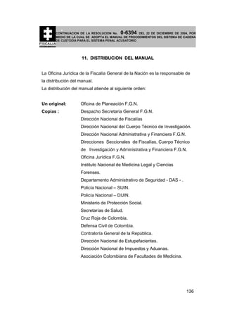 0-6394

CONTINUACION DE LA RESOLUCION No.
DEL 22 DE DICIEMBRE DE 2004, POR
MEDIO DE LA CUAL SE ADOPTA EL MANUAL DE PROCEDIMIENTOS DEL SISTEMA DE CADENA
DE CUSTODIA PARA EL SISTEMA PENAL ACUSATORIO

11. DISTRIBUCION DEL MANUAL
La Oficina Jurídica de la Fiscalía General de la Nación es la responsable de
la distribución del manual.
La distribución del manual atiende al siguiente orden:
Un original:

Oficina de Planeación F.G.N.

Copias :

Despacho Secretaria General F.G.N.
Dirección Nacional de Fiscalías
Dirección Nacional del Cuerpo Técnico de Investigación.
Dirección Nacional Administrativa y Financiera F.G.N.
Direcciones Seccionales de Fiscalías, Cuerpo Técnico
de Investigación y Administrativa y Financiera F.G.N.
Oficina Jurídica F.G.N.
Instituto Nacional de Medicina Legal y Ciencias
Forenses.
Departamento Administrativo de Seguridad - DAS - .
Policía Nacional – SIJIN.
Policía Nacional – DIJIN.
Ministerio de Protección Social.
Secretarías de Salud.
Cruz Roja de Colombia.
Defensa Civil de Colombia.
Contraloría General de la República.
Dirección Nacional de Estupefacientes.
Dirección Nacional de Impuestos y Aduanas.
Asociación Colombiana de Facultades de Medicina.

136

 