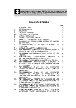 0-6394

CONTINUACION DE LA RESOLUCION No.
DEL 22 DE DICIEMBRE DE 2004, POR
MEDIO DE LA CUAL SE ADOPTA EL MANUAL DE PROCEDIMIENTOS DEL SISTEMA DE CADENA
DE CUSTODIA PARA EL SISTEMA PENAL ACUSATORIO

TABLA DE CONTENIDO
Página

INTRODUCCIÓN
GENERALIDADES
OBJETIVOS
OBJETIVO GENERAL
OBJETIVOS ESPECIFICOS
MARCO NORMATIVO
DESTINATARIOS DEL MANUAL
MANEJO Y CONSERVACIÓN DEL MANUAL
DIAGRAMA DEL PROCESO DEL SISTEMA DE CADENA
DE CUSTODIA.
7.
PROCEDIMIENTOS DEL SISTEMA DE CADENA DE
CUSTODIA.
7.1.
MANEJO DEL LUGAR DE LOS HECHOS.
7.1.1. FGN-CC-CCVNC: CONOCIMIENTO, CONFIRMACIÓN Y
VERIFICACIÓN DE LA NOTICIA CRIMINAL.
7.1.2. FGN-CC-ALH: ASEGURAMIENTO DEL LUGAR DE LOS
HECHOS.
7.1.3. FGN-CC-OAVLH:
OBSERVACION,
ANALISIS
Y
VALORACIÓN DEL LUGAR DE LOS HECHOS.
7.2.
FGN-CC-FLH: FIJACION DEL LUGAR DE LOS HECHOS.
7.3.
FGN-CC-REREMP: RECOLECCION, EMBALAJE Y
ROTULADO DE LOS ELEMENTOS MATERIA DE PRUEBA
O EVIDENCIAS.
7.4.
FGN-CC-EEMPAT: ENVIO DE LOS ELEMENTOS
MATERIA DE PRUEBA O EVIDENCIAS AL ALMACEN
TRANSITORIO.
7.5.
FGN-CC-EEMPLA: ENVIO DE LOS ELEMENTOS
MATERIA
DE
PRUEBA
O
EVIDENCIAS
AL
LABORATORIO AUTORIZADO O AL ALMACEN DE
EVIDENCIAS.
7.6.
FGN-CC-RAEMPLA: RECEPCIÓN Y ANÁLISIS DE LOS
ELEMENTOS MATERIA DE PRUEBA O EVIDENCIAS EN
EL LABORATORIO AUTORIZADO.
7.7.
FGN-CC-RCEMPAE: RECEPCION Y CUSTODIA DE LOS
ELEMENTOS MATERIA DE PRUEBA O EVIDENCIAS EN
EL ALMACEN DE EVIDENCIAS.
7.8.
FGN-CC-MEMPAJE: MANEJO DE LOS ELEMENTOS
MATERIA DE PRUEBA O EVIDENCIAS ORIGINADAS EN

1.
2.
2.1.
2.2.
3.
4.
5.
6.

10
11
12
12
12
13
16
17
18
22
23
23
30
36
41
47
54
60

64
73
77

 