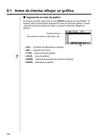 8-1 Antes de intentar dibujar un gráfico
k Ingresando el modo de gráfico
En el menú principal, seleccione el icono GRAPH e ingrese el modo GRAPH. Al
hacerlo, sobre la presentación aparecerá el menú de funciones gráficas. Puede
usar este menú para almacenar, editar y recuperar funciones y dibujar sus
gráficos.
Area de memoria
Para cambiar la selección utilice f y c.

• {SEL} ... {condición de delineado/sin delinear}
• {DEL} ... {borrado de función}
• {TYPE} ... {menú de tipo de gráfico}
• {COLR} ... {color de gráfico}
CFX

• {GMEM} ... {registro/recuperación de memoria de gráfico}
• {DRAW} ... {delineado de gráfico}

112

 