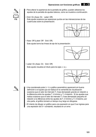 Operaciones con funciones gráficas

8-3

• Para alterar la apariencia de la pantalla de gráfico, pueden alterarse los
ajustes de la pantalla de ajustes básicos, como se muestra a continuación.

P.6

• Grid: On (Axes: On Label: Off)
Este ajuste ocasiona que aparezcan puntos en las intersecciones de las
cuadrículas sobre la presentación.

• Axes: Off (Label: Off Grid: Off)
Este ajuste borra las líneas de eje de la presentación.

• Label: On (Axes: On Grid: Off)
Este ajuste visualiza el rótulo para los ejes x- e y.

• Una coordenada polar (r =) o gráfico paramétrico aparecerá sin buena
definición si el ajuste que se realiza en la ventanilla de visualización
ocasiona que el valor de intervalo T, θ sea demasiado grande en relación a
la diferencia entre los ajustes T, θ mínimo y T, θ máximo. Si los ajustes que
realiza ocasiona que el valor de intervalo T, θ sea demasiado pequeño en
relación a la diferencia entre los ajustes de T, θ mínimo y T, θ máximo, por
otra parte, el gráfico tomará un tiempo muy largo en dibujarse.
• El intento de dibujar un gráfico para una expresión en que X se ingresa para
una expresión de X = constante, resultará en un error.

121

 