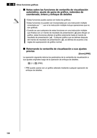 8-6

Otras funciones gráficas

k Notas sobre las funciones de ventanilla de visualización
automática, ajuste de gama de gráfico, redondeo de
coordenada, entero y enfoque de detalles
• Estas funciones puede usarse con todos los gráficos.
• Estas funciones no pueden ser incorporadas por una instrucción múltiple
conectada por “ : ”, aun si la instrucción múltiple incluye operaciones que no
son gráficas.
• Cuando se usa cualquiera de estas funciones en una instrucción múltiple
que finaliza con un mando de resultado de presentación {^} para dibujar un
gráfico, estas funciones afectan el gráfico solamente hasta el mando de
resultado de presentación {^}. Cualquier gráfico que se delinee después
del mando de resultado de presentación {^}, se delinea de acuerdo a las
reglas de superposición de gráfico normal.

k Retornando la ventanilla de visualización a sus ajustes
previos
[Zoom]-[PRE]
La operación siguiente retorna los parámetros de la ventanilla de visualización a
sus ajustes originales luego de la operación de enfoque de detalles.
6 (g) 5 (PRE)
• PRE puede usarse con un gráfico alterado mediante cualquier operación de
enfoque de detalles.

138

 
