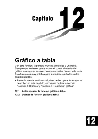 Capítulo

Gráfico a tabla
Con esta función, la pantalla muestra un gráfico y una tabla.
Siempre que lo desee, puede mover el cursor alrededor del
gráfico y almacenar sus coordenadas actuales dentro de la tabla.
Esta función es muy práctica para sumarizar resultados de los
análisis gráficos.
• Antes de intentar realizar cualquiera de las operaciones que se
describen en este capítulo, cerciórese de leer la sección
“Capítulo 8 Gráficos” y “Capítulo 9 Resolución gráfica”.
12-1 Antes de usar la función gráfico a tabla
12-2 Usando la función gráfico a tabla

12

 
