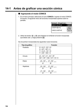 14-1 Antes de graficar una sección cónica
k Ingresando el modo CONICS
1. En el menú principal, seleccione el icono CONICS e ingrese el modo CONICS.
Al hacerlo, el siguiente menú de funciones incorporadas aparece sobre la
pantalla.

2. Utilice las teclas f y c para destacar en brillante la función incorporada
que desea usar, y luego presione w.
Se encuentran incorporadas las siguientes nueve funciones.
Tipo de gráfico

Función

Parábola

X = A (Y – K) 2 + H
X = AY2 + BY + C
Y = A (X – H)2 + K
Y = AX2 + BX + C

Círculo

(X – H)2 + (Y – K)2 = R2
AX 2 + AY2 + BX + CY + D = 0

Elipse

(X – H)2
(Y – K)2
––––––––– + ––––––– = 1
––
2
A
B2

Hipérbola

(X – H)2
(Y – K)2
––––––––– – ––––––––– = 1
2
A
B2
(Y – K)2
(X – H)2
––––––––– – ––––––––– = 1
A2
B2

194

 