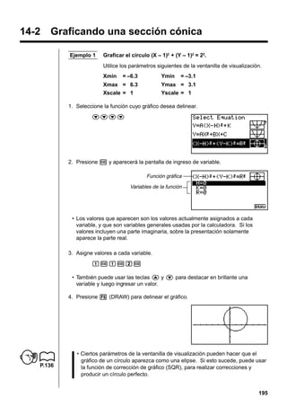 14-2 Graficando una sección cónica
Ejemplo 1

Graficar el círculo (X – 1)2 + (Y – 1)2 = 22.
Utilice los parámetros siguientes de la ventanilla de visualización.
Xmin

= –6.3

Ymin

Xmax = 6.3
Xscale = 1

= –3.1

Ymax = 3.1
Yscale = 1

1. Seleccione la función cuyo gráfico desea delinear.
cccc

2. Presione w y aparecerá la pantalla de ingreso de variable.
Función gráfica
Variables de la función

• Los valores que aparecen son los valores actualmente asignados a cada
variable, y que son variables generales usadas por la calculadora. Si los
valores incluyen una parte imaginaria, sobre la presentación solamente
aparece la parte real.
3. Asigne valores a cada variable.
bwbwcw
• También puede usar las teclas f y c para destacar en brillante una
variable y luego ingresar un valor.
4. Presione 6 (DRAW) para delinear el gráfico.

P.136

• Ciertos parámetros de la ventanilla de visualización pueden hacer que el
gráfico de un círculo aparezca como una elipse. Si esto sucede, puede usar
la función de corrección de gráfico (SQR), para realizar correcciones y
producir un círculo perfecto.

195

 