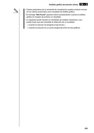 Análisis gráfico de sección cónica

14 - 3

• Ciertos parámetros de la ventanilla de visualización pueden producir errores
en los valores producidos como resultado de análisis gráfico.
• El mensaje “Not Found” aparece sobre la presentación cuando el análisis
gráfico es incapaz de producir un resultado.
• Lo siguiente puede resultar en resultados de análisis imprecisos o aun
puede hacer que sea imposible la obtención de un resultado.
— Cuando la solución es tangente al eje de las x.
— Cuando la solución es un punto tangencial entre los dos gráficos.

203

 