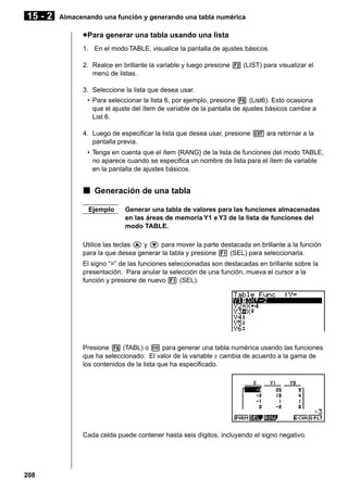 15 - 2

Almacenando una función y generando una tabla numérica

u Para generar una tabla usando una lista
1. En el modo TABLE, visualice la pantalla de ajustes básicos.
2. Realce en brillante la variable y luego presione 2 (LIST) para visualizar el
menú de listas.
3. Seleccione la lista que desea usar.
• Para seleccionar la lista 6, por ejemplo, presione 6 (List6). Esto ocasiona
que el ajuste del ítem de variable de la pantalla de ajustes básicos cambie a
List 6.
4. Luego de especificar la lista que desea usar, presione J ara retornar a la
pantalla previa.
• Tenga en cuenta que el ítem {RANG} de la lista de funciones del modo TABLE,
no aparece cuando se especifica un nombre de lista para el ítem de variable
en la pantalla de ajustes básicos.

k Generación de una tabla
Ejemplo

Generar una tabla de valores para las funciones almacenadas
en las áreas de memoria Y1 e Y3 de la lista de funciones del
modo TABLE.

Utilice las teclas f y c para mover la parte destacada en brillante a la función
para la que desea generar la tabla y presione 1 (SEL) para seleccionarla.
El signo “=” de las funciones seleccionadas son destacadas en brillante sobre la
presentación. Para anular la selección de una función, mueva el cursor a la
función y presione de nuevo 1 (SEL).

Presione 6 (TABL) o w para generar una tabla numérica usando las funciones
que ha seleccionado. El valor de la variable x cambia de acuerdo a la gama de
los contenidos de la lista que ha especificado.

Cada celda puede contener hasta seis dígitos, incluyendo el signo negativo.

208

 
