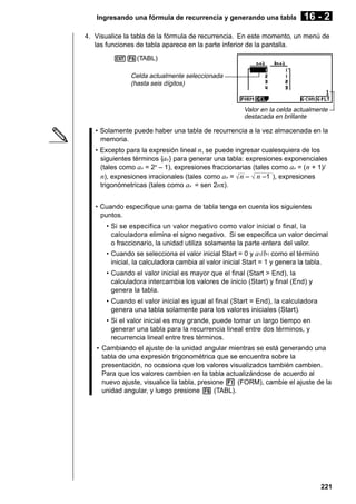 Ingresando una fórmula de recurrencia y generando una tabla

16 - 2

4. Visualice la tabla de la fórmula de recurrencia. En este momento, un menú de
las funciones de tabla aparece en la parte inferior de la pantalla.
J6(TABL)
Celda actualmente seleccionada
(hasta seis dígitos)

Valor en la celda actualmente
destacada en brillante

• Solamente puede haber una tabla de recurrencia a la vez almacenada en la
memoria.
• Excepto para la expresión lineal n, se puede ingresar cualesquiera de los
siguientes términos {an } para generar una tabla: expresiones exponenciales
(tales como an = 2n – 1), expresiones fraccionarias (tales como an = (n + 1)/
n), expresiones irracionales (tales como an = n – n –1 ), expresiones
trigonómetricas (tales como an = sen 2nπ).
• Cuando especifique una gama de tabla tenga en cuenta los siguientes
puntos.
• Si se especifica un valor negativo como valor inicial o final, la
calculadora elimina el signo negativo. Si se especifica un valor decimal
o fraccionario, la unidad utiliza solamente la parte entera del valor.
• Cuando se selecciona el valor inicial Start = 0 y a1/ b1 como el término
inicial, la calculadora cambia al valor inicial Start = 1 y genera la tabla.
• Cuando el valor inicial es mayor que el final (Start > End), la
calculadora intercambia los valores de inicio (Start) y final (End) y
genera la tabla.
• Cuando el valor inicial es igual al final (Start = End), la calculadora
genera una tabla solamente para los valores iniciales (Start).
• Si el valor inicial es muy grande, puede tomar un largo tiempo en
generar una tabla para la recurrencia lineal entre dos términos, y
recurrencia lineal entre tres términos.
• Cambiando el ajuste de la unidad angular mientras se está generando una
tabla de una expresión trigonométrica que se encuentra sobre la
presentación, no ocasiona que los valores visualizados también cambien.
Para que los valores cambien en la tabla actualizándose de acuerdo al
nuevo ajuste, visualice la tabla, presione 1 (FORM), cambie el ajuste de la
unidad angular, y luego presione 6 (TABL).

221

 