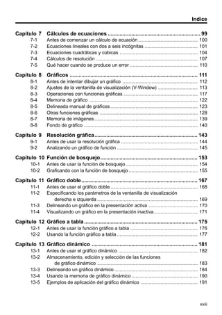 Indice
Capítulo 7 Cálculos de ecuaciones ............................................................... 99
7-1
7-2
7-3
7-4
7-5

Antes de comenzar un cálculo de ecuación .............................................
Ecuaciones lineales con dos a seis incógnitas ........................................
Ecuaciones cuadráticas y cúbicas ...........................................................
Cálculos de resolución .............................................................................
Qué hacer cuando se produce un error ...................................................

100
101
104
107
110

Capítulo 8 Gráficos ....................................................................................... 111
8-1
8-2
8-3
8-4
8-5
8-6
8-7
8-8

Antes de intentar dibujar un gráfico .........................................................
Ajustes de la ventanilla de visualización (V-Window) ..............................
Operaciones con funciones gráficas ........................................................
Memoria de gráfico ..................................................................................
Delineado manual de gráficos ..................................................................
Otras funciones gráficas ..........................................................................
Memoria de imágenes ..............................................................................
Fondo de gráfico ......................................................................................

112
113
117
122
123
128
139
140

Capítulo 9 Resolución gráfica ...................................................................... 143
9-1
9-2

Antes de usar la resolución gráfica .......................................................... 144
Analizando un gráfico de función ............................................................. 145

Capítulo 10 Función de bosquejo.................................................................. 153
10-1
10-2

Antes de usar la función de bosquejo ...................................................... 154
Graficando con la función de bosquejo .................................................... 155

Capítulo 11 Gráfico doble ............................................................................... 167
11-1
11-2
11-3
11-4

Antes de usar el gráfico doble ..................................................................
Especificando los parámetros de la ventanilla de visualización
derecha e izquierda ............................................................................
Delineando un gráfico en la presentación activa .....................................
Visualizando un gráfico en la presentación inactiva .................................

168
169
170
171

Capítulo 12 Gráfico a tabla ............................................................................. 175
12-1
12-2

Antes de usar la función gráfico a tabla ................................................... 176
Usando la función gráfico a tabla ............................................................. 177

Capítulo 13 Gráfico dinámico ........................................................................ 181
13-1
13-2
13-3
13-4
13-5

Antes de usar el gráfico dinámico ............................................................
Almacenamiento, edición y selección de las funciones
de gráfico dinámico ............................................................................
Delineando un gráfico dinámico ...............................................................
Usando la memoria de gráfico dinámico ..................................................
Ejemplos de aplicación del gráfico dinámico ...........................................

182
183
184
190
191

xxiii

 