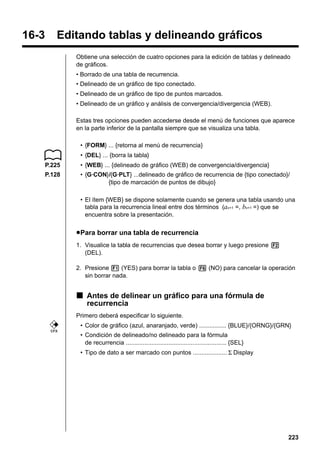 16-3

Editando tablas y delineando gráficos
Obtiene una selección de cuatro opciones para la edición de tablas y delineado
de gráficos.
• Borrado de una tabla de recurrencia.
• Delineado de un gráfico de tipo conectado.
• Delineado de un gráfico de tipo de puntos marcados.
• Delineado de un gráfico y análisis de convergencia/divergencia (WEB).
Estas tres opciones pueden accederse desde el menú de funciones que aparece
en la parte inferior de la pantalla siempre que se visualiza una tabla.
• {FORM} ... {retorna al menú de recurrencia}
• {DEL} ... {borra la tabla}

P.225

• {WEB} ... {delineado de gráfico (WEB) de convergencia/divergencia}

P.128

• {G·CON}/{G·PLT} ...delineado de gráfico de recurrencia de {tipo conectado}/
{tipo de marcación de puntos de dibujo}
• El ítem {WEB} se dispone solamente cuando se genera una tabla usando una
tabla para la recurrencia lineal entre dos términos (an+1 =, bn+1 =) que se
encuentra sobre la presentación.

u Para borrar una tabla de recurrencia
1. Visualice la tabla de recurrencias que desea borrar y luego presione 2
(DEL).
2. Presione 1 (YES) para borrar la tabla o 6 (NO) para cancelar la operación
sin borrar nada.

k Antes de delinear un gráfico para una fórmula de
recurrencia
Primero deberá especificar lo siguiente.
• Color de gráfico (azul, anaranjado, verde) ................ {BLUE}/{ORNG}/{GRN}
CFX

• Condición de delineado/no delineado para la fórmula
de recurrencia ........................................................... {SEL}
• Tipo de dato a ser marcado con puntos .................... Σ Display

223

 
