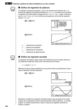 18 - 4

Cálculos y gráficos de datos estadísticos con dos variables

k Gráfico de regresión de potencia
P.254

La regresión exponencial expresa y como una relación de la potencia de x. La
fórmula de regresión de potencia estándar es y = a × xb, de modo que si tomamos
el logaritmo de ambos lados conseguimos ln y = lna + b × ln x. Luego, si decimos
que X = ln x, Y = lny, y A = lna, la fórmula corresponde a la fórmula de regresión
lineal Y = A + bX.
6(g)3(Pwr)

1 2 3 4 5 6
6(DRAW)

a ...... coeficiente de regresión
b ...... potencia de regresión
r ...... coeficiente de correlación
r2 ..... coeficiente de determinación

k Gráfico de regresión senoidal
P.254

La regresión senoidal se aplica mejor para fenómenos que se repiten dentro de
una extensión específica, tales como movimientos de la marea.

y = a·sen(bx + c) + d
Mientras la lista de datos estadísticos se encuentra sobre la presentación, lleve a
cabo la operación de tecla siguiente.
6(g)5(Sin)

6
6(DRAW)

Dibujando un gráfico de regresión senoidal ocasiona que el ajuste de la unidad
angular de la calculadora cambie automáticamente a Rad (radianes). La unidad
angular no cambia cuando lleva a cabo un cálculo de regresión senoidal sin
dibujar un gráfico.
264

 
