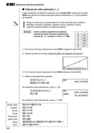 18 - 5

Realizando cálculos estadísticos

k Cálculo de valor estimado ( , )
Luego de delinear un gráfico de regresión con el modo STAT, puede usar el modo
RUN para calcular los valores estimados para los parámetros x e y de los gráficos
de regresión.
• Tenga en cuenta que no puede obtener un valor estimado para un gráfico
Med-Med, regresión cuadrática, regresión cúbica, regresión cuártica,
regresión senoidal o gráfico de regresión logística.
Ejemplo

Llevar a cabo la regresión de potencia
usando los datos cercanos y estimar los
valores de e cuando xi = 40 e yi = 1000.

xi

yi

28
30
33
35
38

2410
3033
3895
4491
5717

1. En el menú principal, seleccione el icono STAT e ingrese el modo STAT.
2. Ingrese los datos en la lista y delinee el gráfico de regresión de potencia.*

3. En el menú principal, seleccione el icono RUN e ingrese el modo RUN.
4. Realice el procedimiento siguiente.
ea(Valor de xi)
K5(STAT)2( )w
Se visualiza el valor estimado de

para xi = 40.

baaa(Valor de yi)
1( )w

Se visualiza el valor estimado de

*(Graph Type)

para yi = 1000.

1(GRPH)6(SET)c

(Scatter)

1(Scat)c

(XList)

1(List1)c

(YList)

2(List2)c

(Frequency)

1(1)c

(Mark Type)

1( )J

(Auto)
(Pwr)
272

!Z1(Auto)J1(GRPH)1(GPH1)6(g)
3(Pwr)6(DRAW)

 