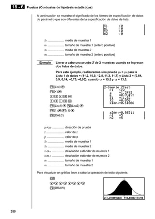 18 - 6

Pruebas (Contrastes de hipótesis estadísticas)
A continuación se muestra el significado de los ítemes de especificación de datos
de parámetro que son diferentes de la especificación de datos de lista.

o1 ....................
n1 ....................
o2 ....................
n2 ....................
Ejemplo

media de muestra 1
tamaño de muestra 1 (entero positivo)
media de muestra 2
tamaño de muestra 2 (entero positivo)

Llevar a cabo una prueba Z de 2 muestras cuando se ingresan
dos listas de datos.
Para este ejemplo, realizaremos una prueba µ1 < µ2 para la
Lista 1 de datos = {11,2, 10,9, 12,5, 11,3, 11,7} y Lista 2 = {0,84,
0,9, 0,14, –0,75, –0,95}, cuando σ1 = 15,5 y σ2 = 13,5.

1(List)c
2(<)c
bf.fw
bd.fw
1(List1)c2(List2)c
1(1)c1(1)c
1(CALC)

µ1<µ2 ............... dirección de prueba

z ...................... valor de z
p ..................... valor de p
o1 .................... media de muestra 1
o2 .................... media de muestra 2
x1σn -1 ............... desviación estándar de muestra 1
x2σn -1 ............... desviación estándar de muestra 2
n1 .................... tamaño de muestra 1
n2 .................... tamaño de muestra 2
Para visualizar un gráfico lleve a cabo la operación de tecla siguiente.
J
cccccccc
6(DRAW)

280

 